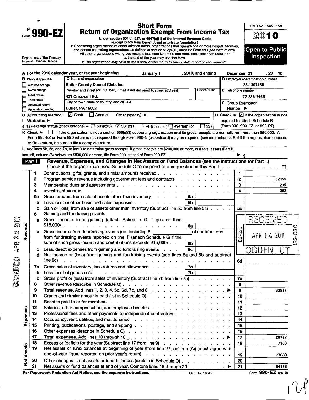 Image of first page of 2010 Form 990EO for Butler County Kennel Club