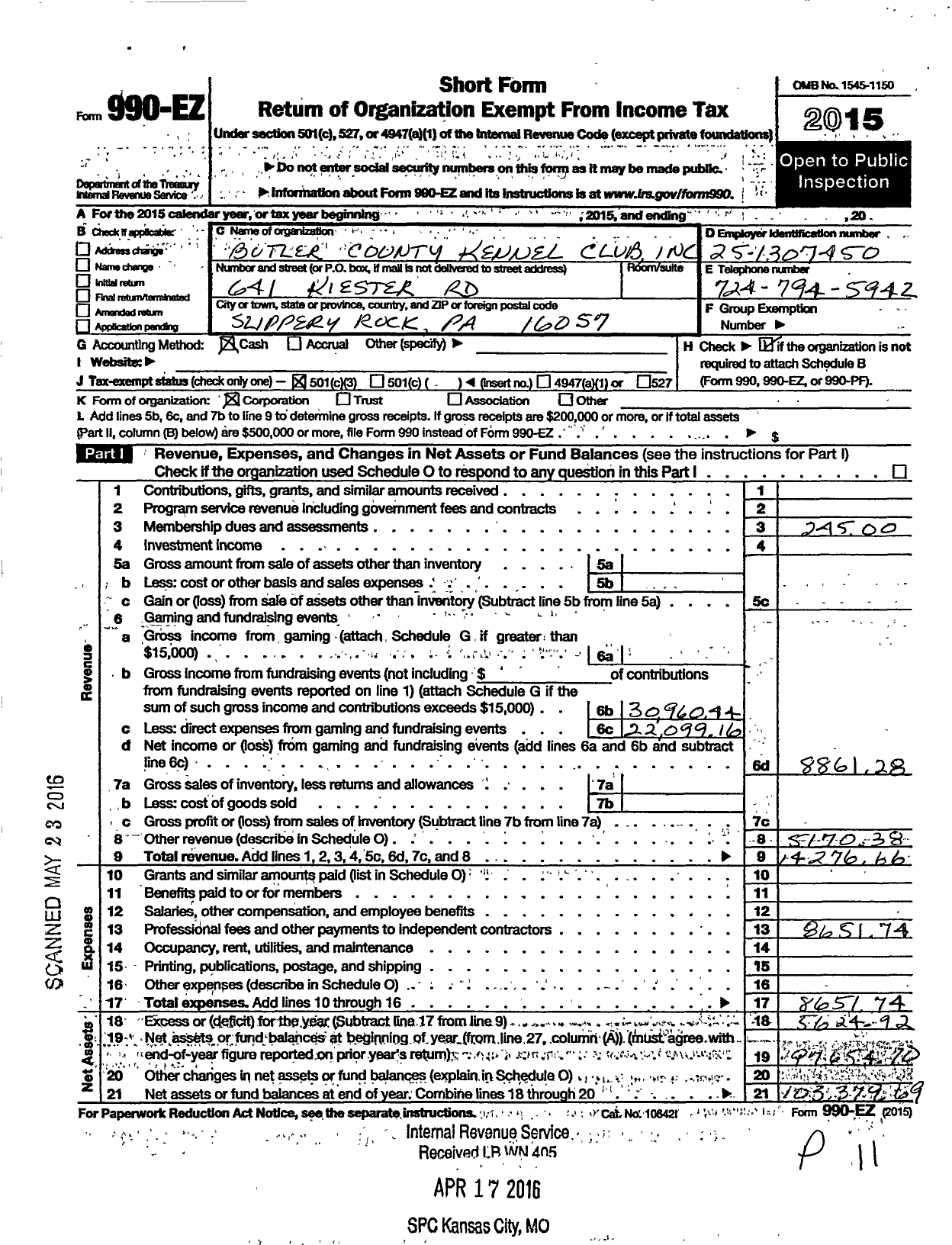 Image of first page of 2015 Form 990EZ for Butler County Kennel Club