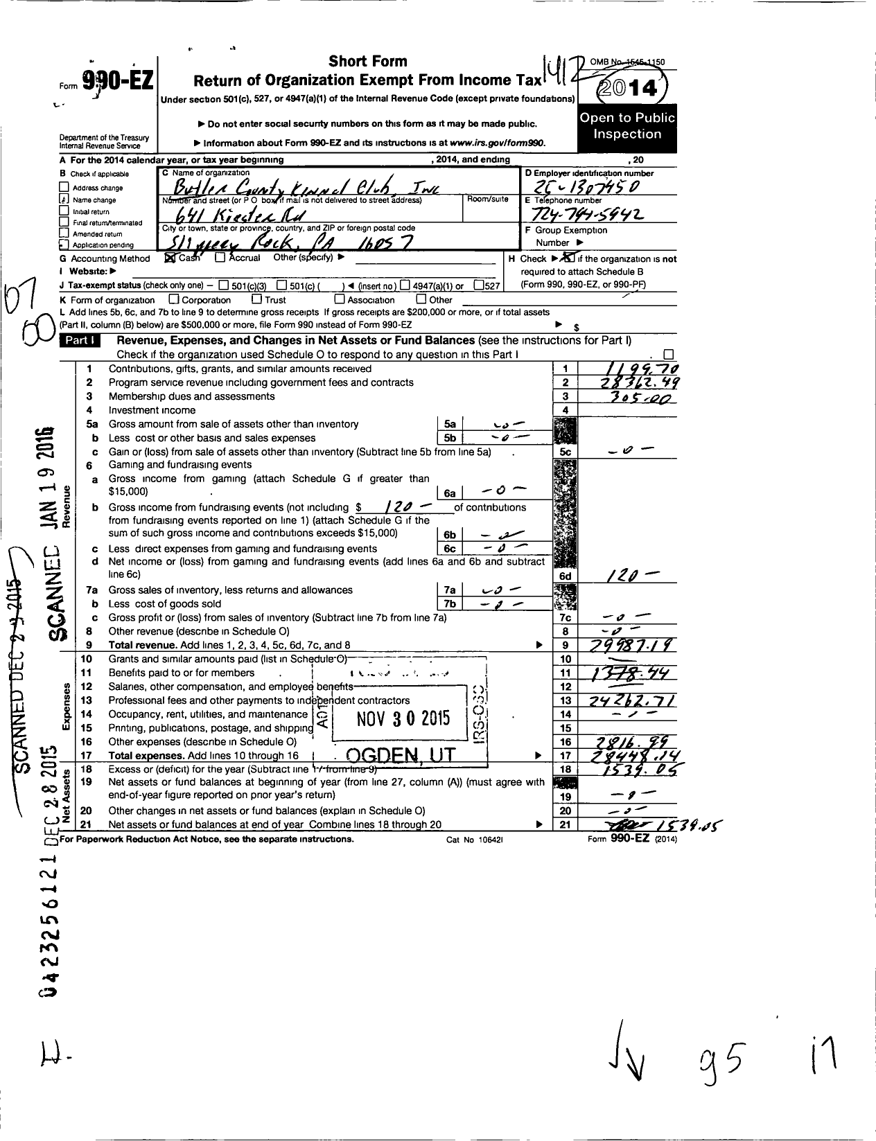 Image of first page of 2014 Form 990EO for Butler County Kennel Club