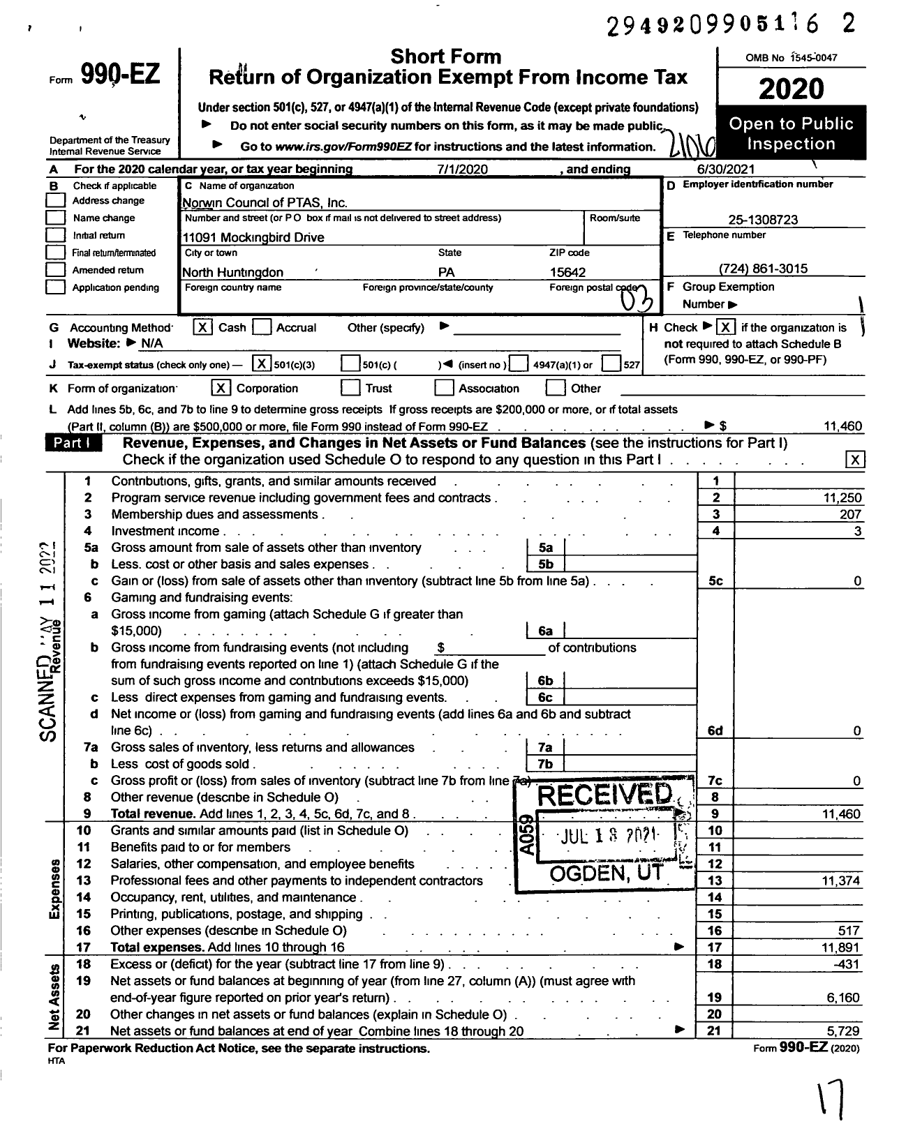 Image of first page of 2020 Form 990EZ for PTA Pennsylvania Congress / Norwin Council Inc