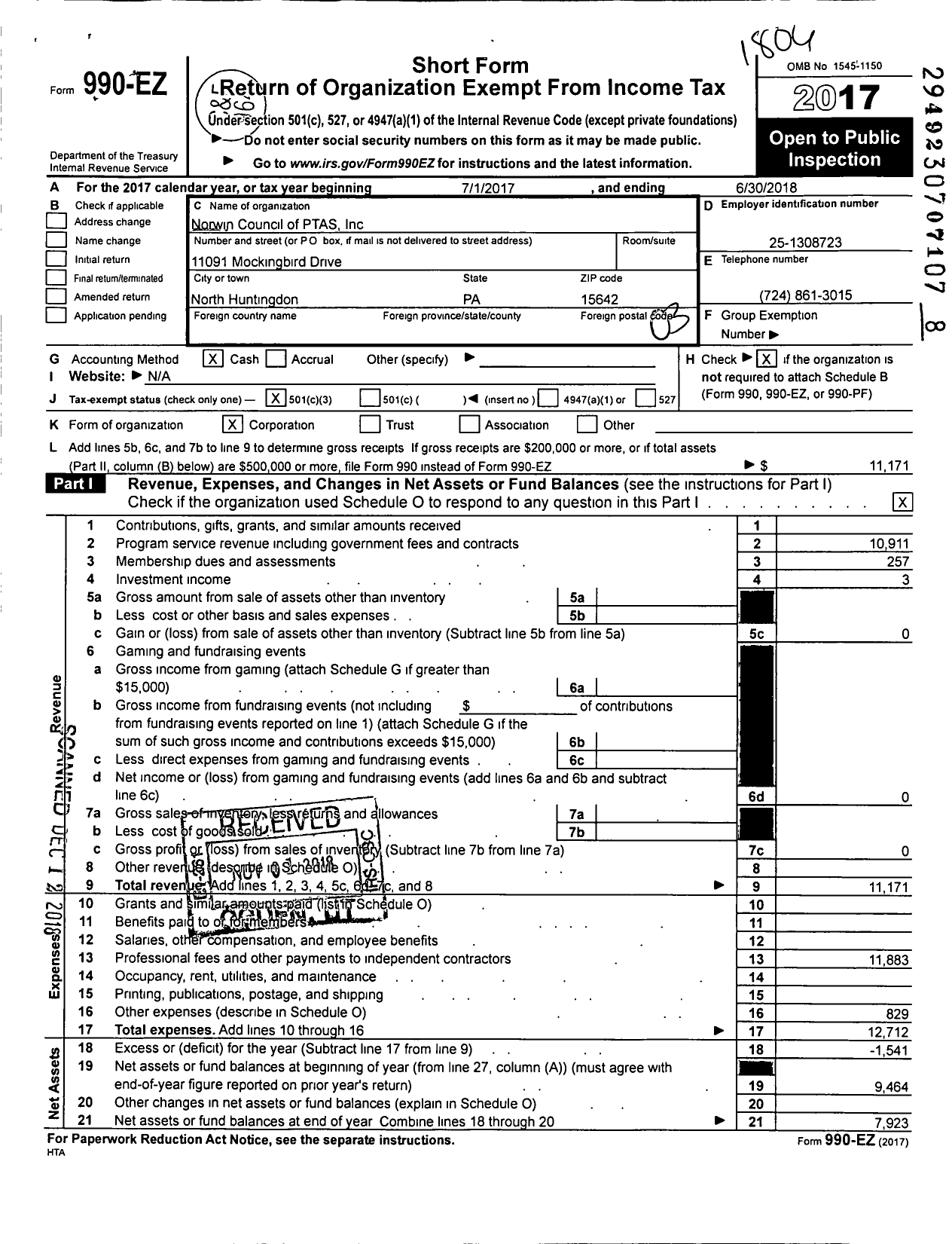 Image of first page of 2017 Form 990EZ for PTA Pennsylvania Congress / Norwin Council Inc