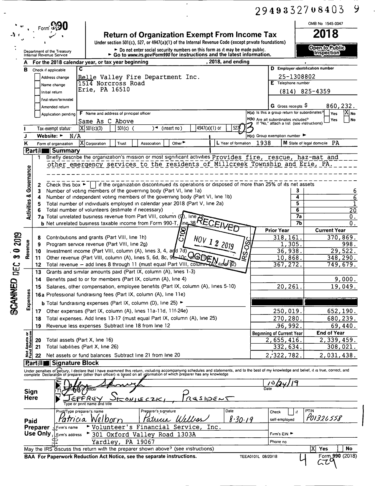 Image of first page of 2018 Form 990 for Belle Valley Fire Department