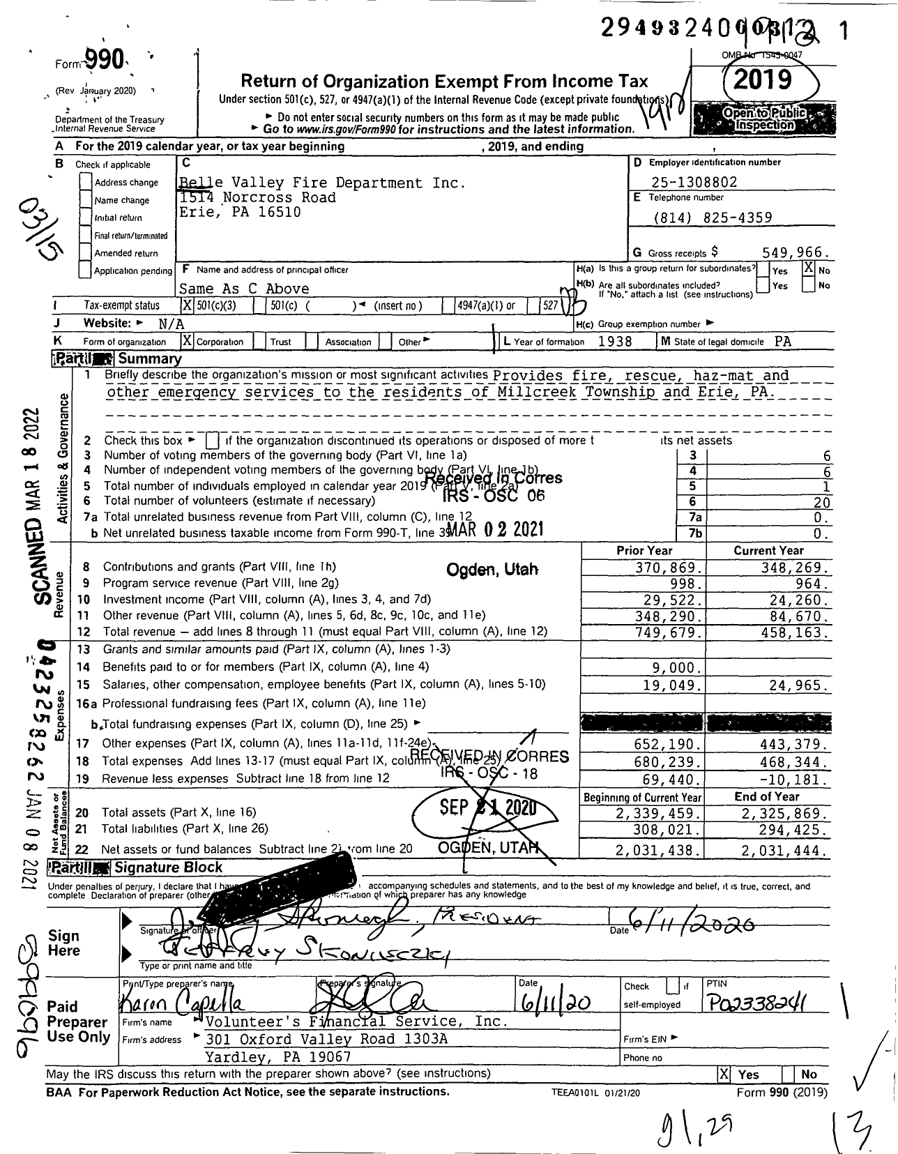 Image of first page of 2019 Form 990 for Belle Valley Fire Department