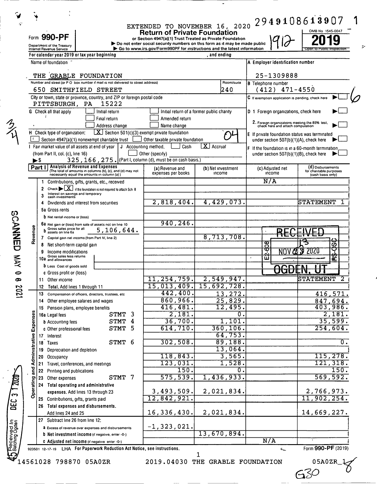 Image of first page of 2019 Form 990PF for Grable Foundation