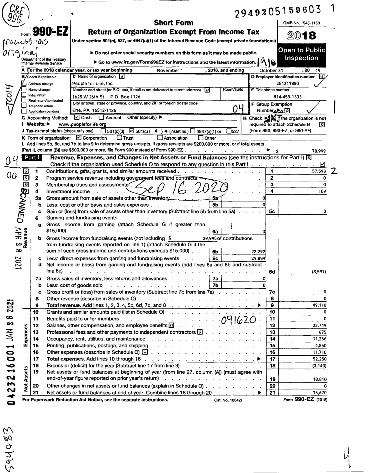 Image of first page of 2018 Form 990EO for People for Life