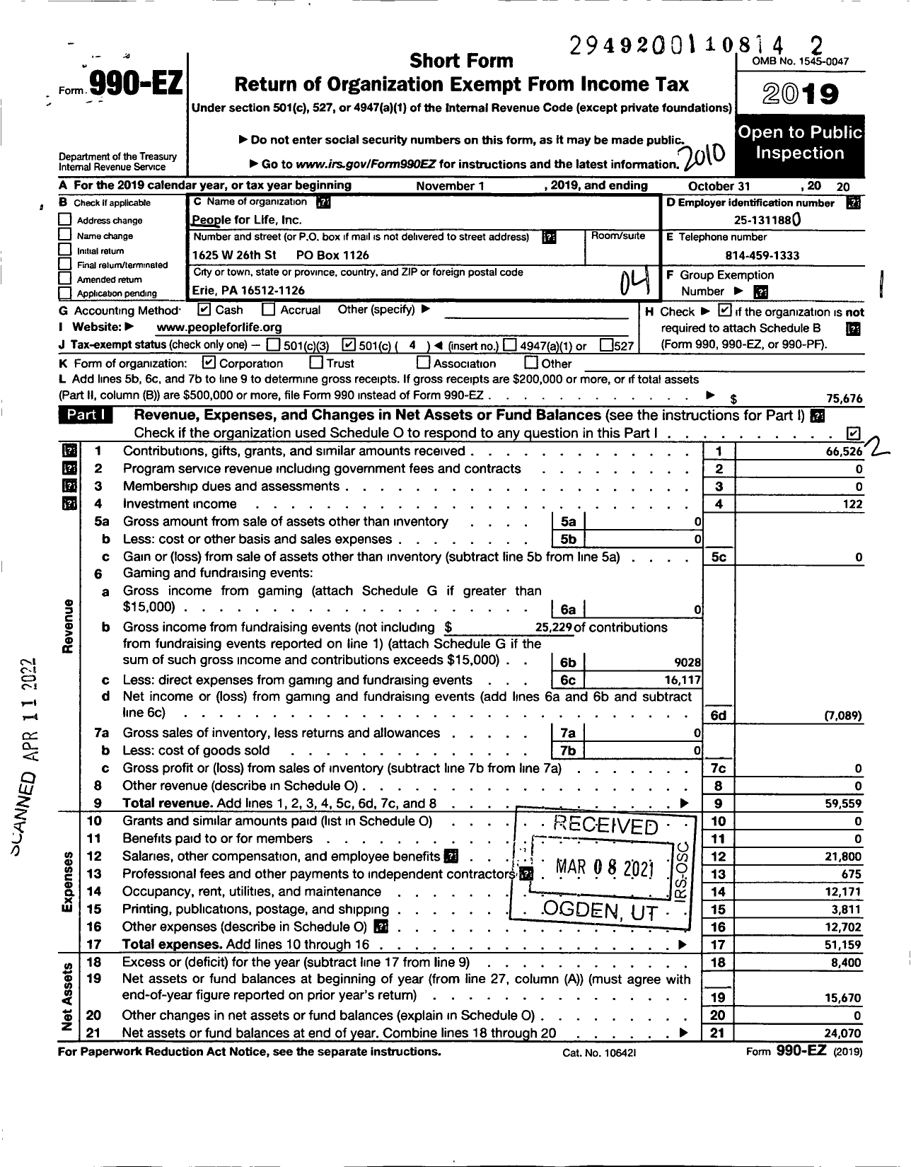 Image of first page of 2019 Form 990EO for People for Life