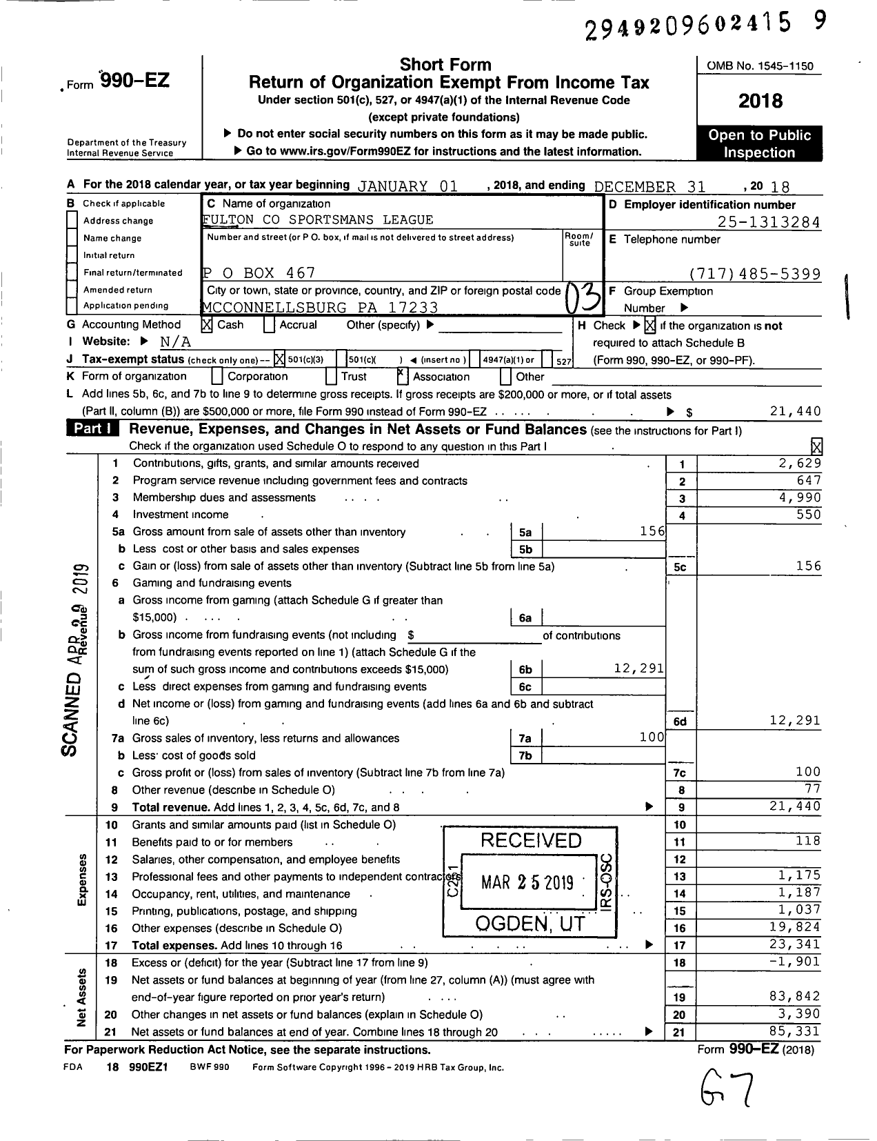 Image of first page of 2018 Form 990EZ for Fulton County Sportsman League