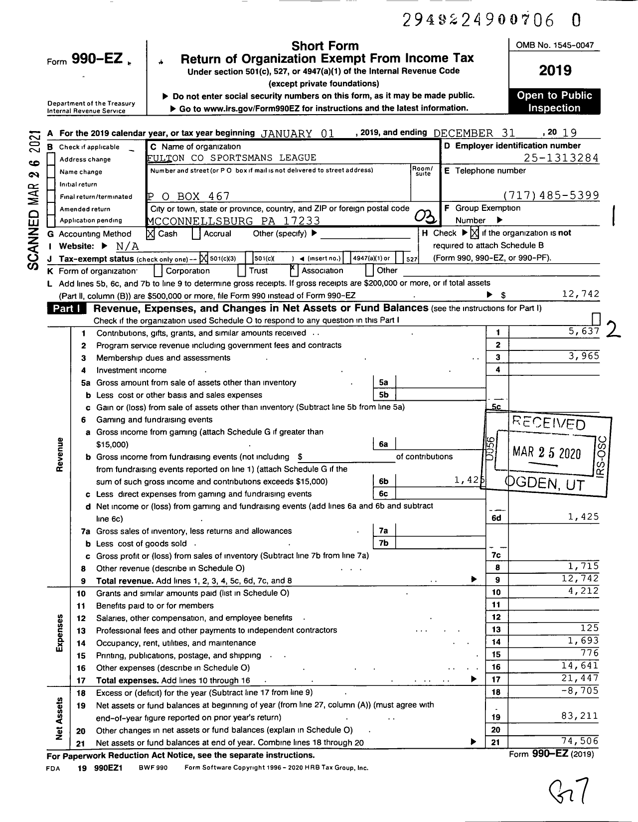 Image of first page of 2019 Form 990EZ for Fulton County Sportsman League