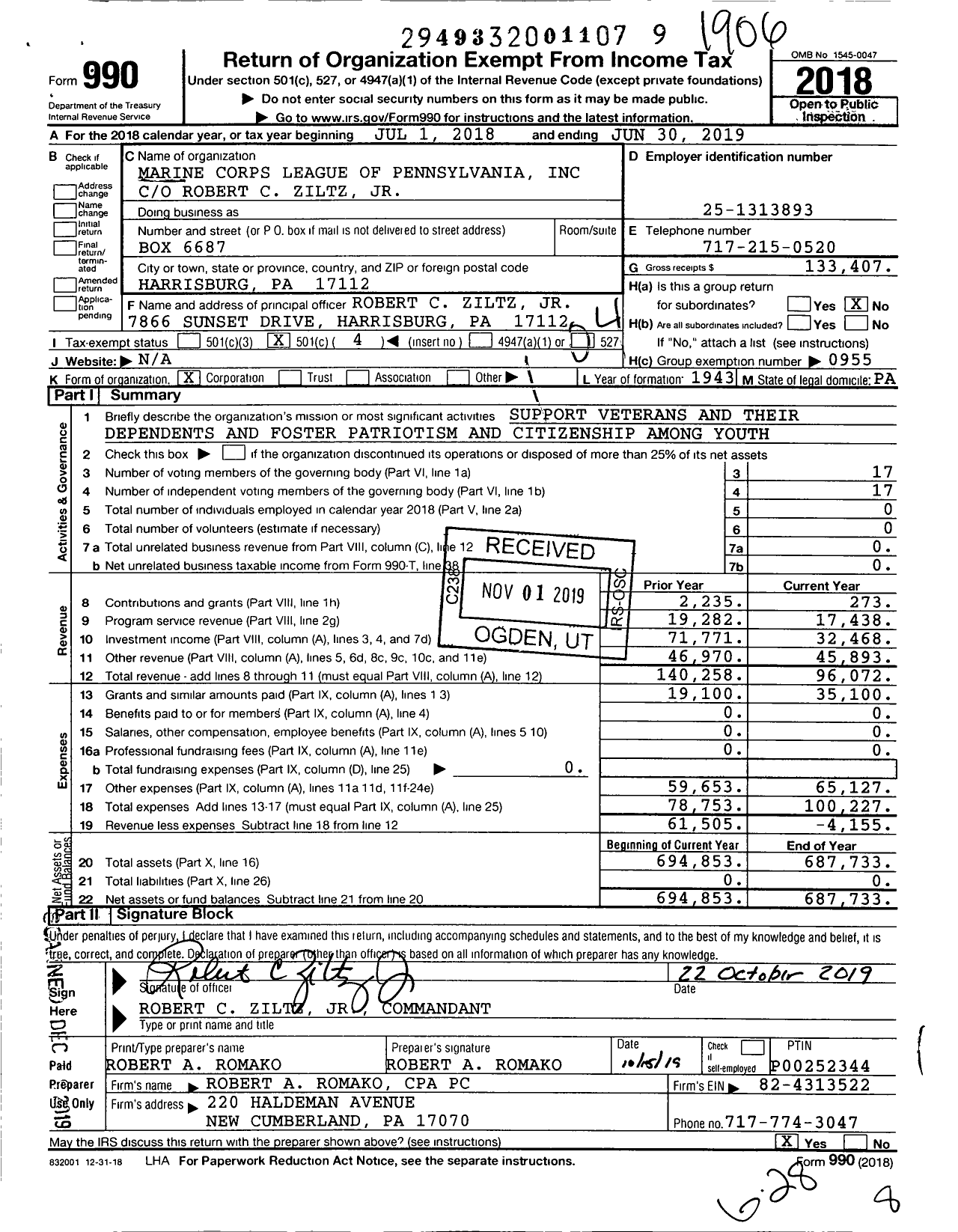 Image of first page of 2018 Form 990O for Marine Corps League - Dept of Pennsylvania MCL