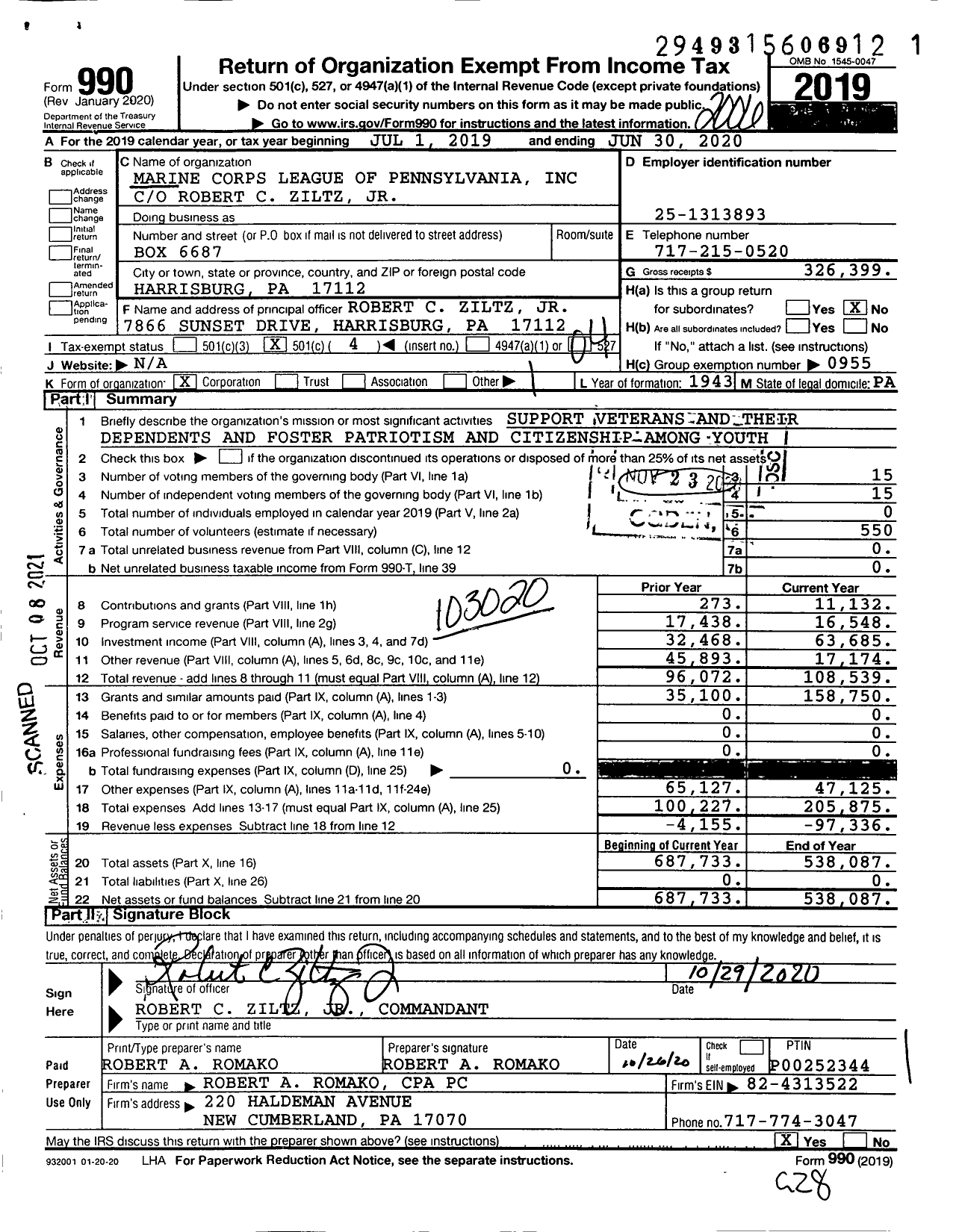 Image of first page of 2019 Form 990O for Marine Corps League - Dept of Pennsylvania MCL