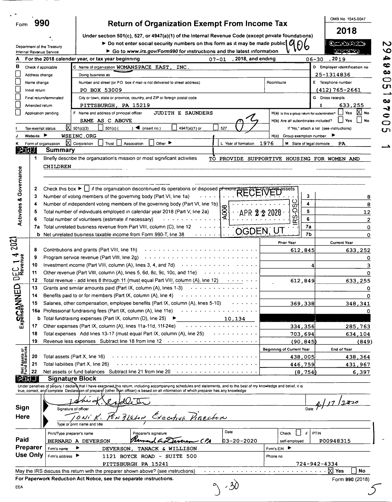 Image of first page of 2018 Form 990 for Womanspace East