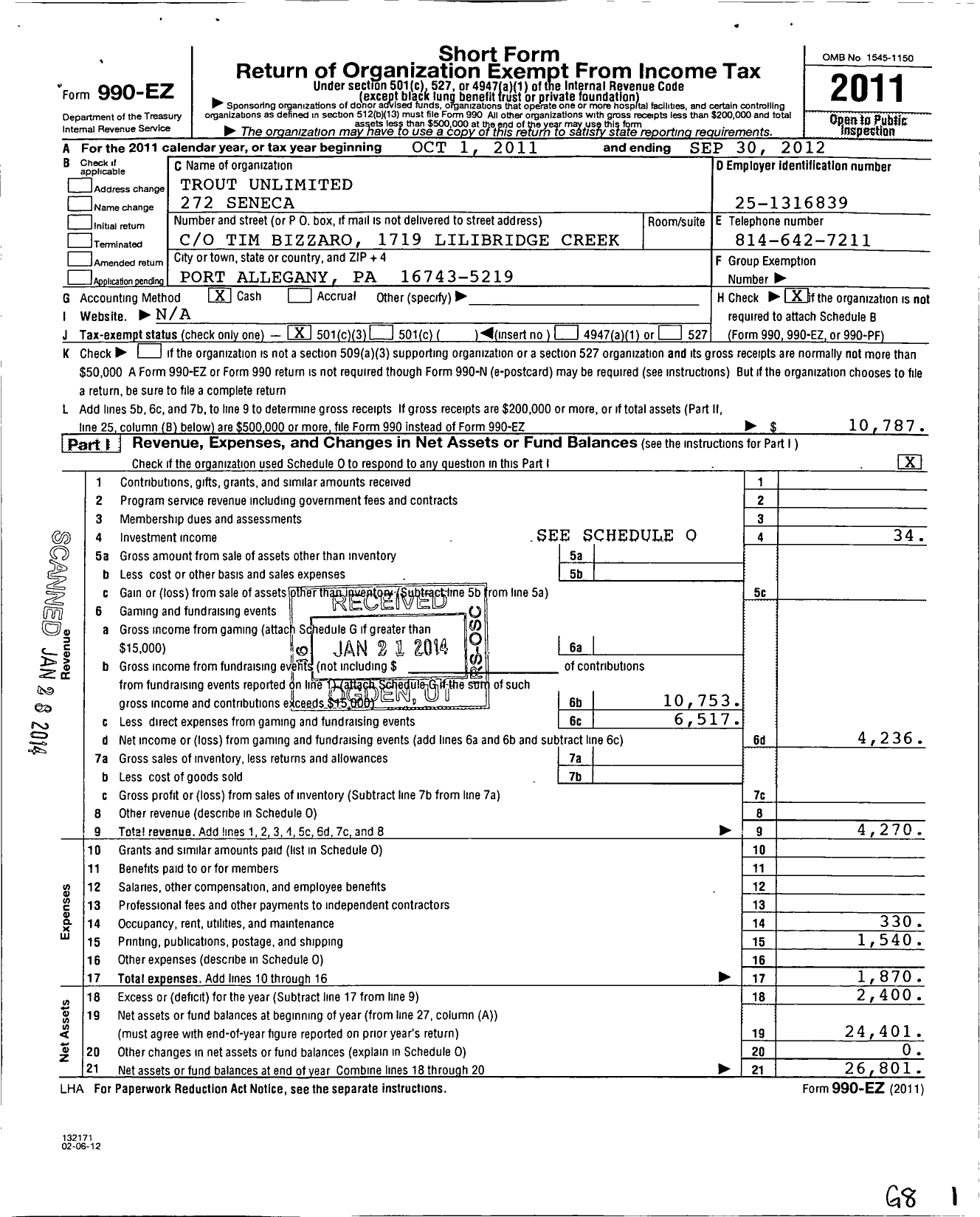 Image of first page of 2011 Form 990EZ for Trout Unlimited - 272 Seneca