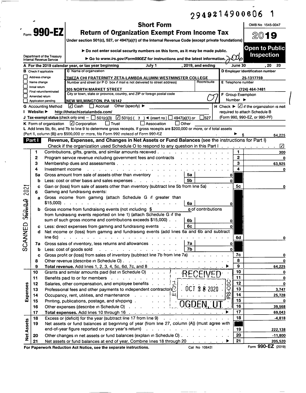 Image of first page of 2019 Form 990EO for Theta Chi Fraternity Zeta-Lambda Alumni