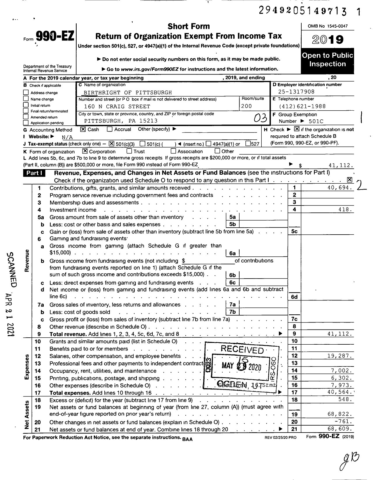 Image of first page of 2019 Form 990EZ for Birthright of Pittsburgh