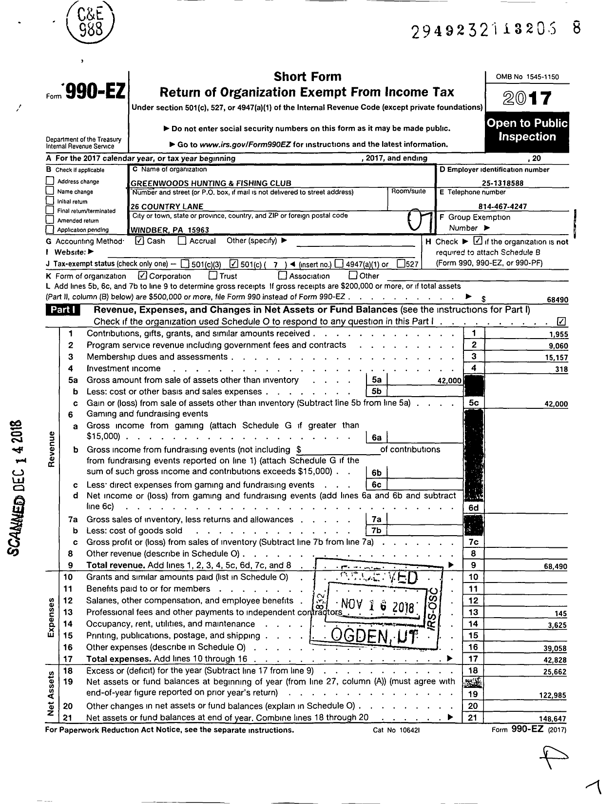 Image of first page of 2017 Form 990EO for Greenwoods Hunting and Fishing Club