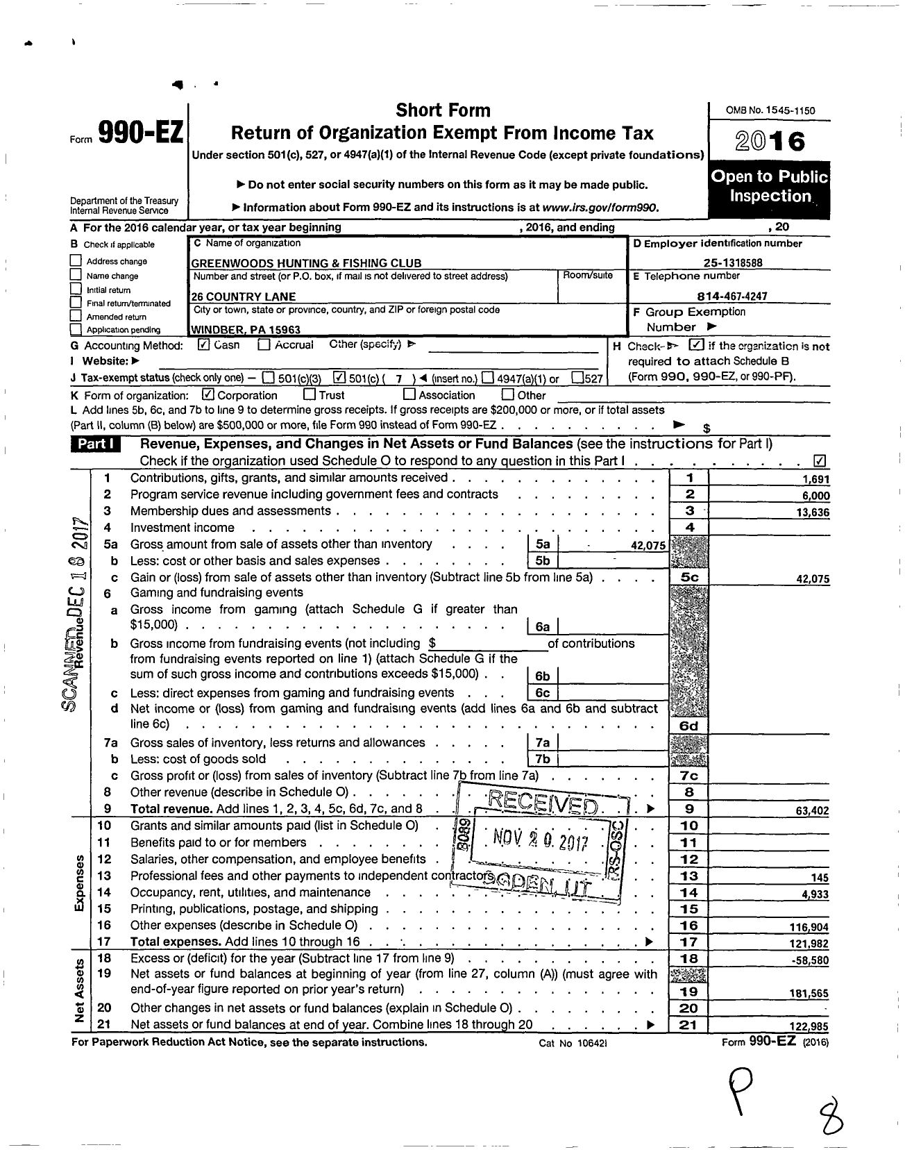 Image of first page of 2016 Form 990EO for Greenwoods Hunting and Fishing Club