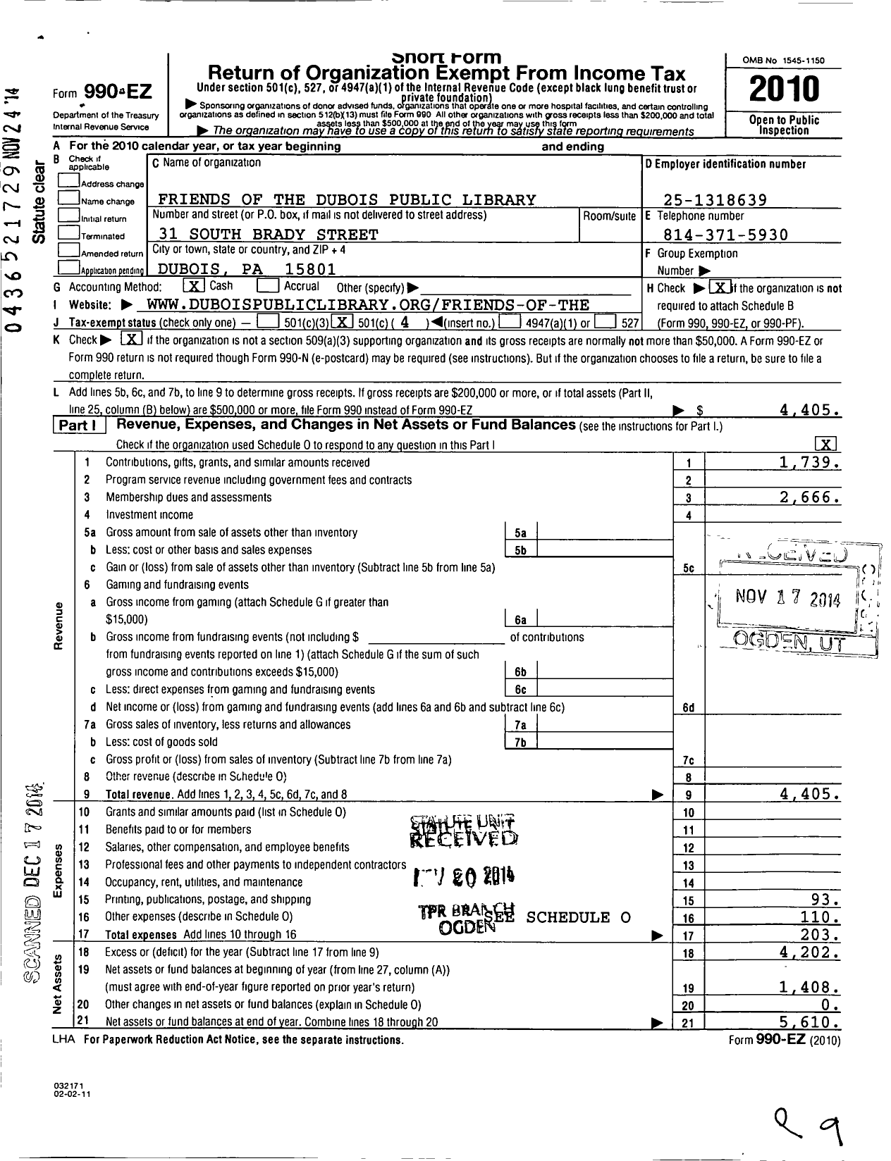 Image of first page of 2010 Form 990EO for Friends of the Du Bois Public Library