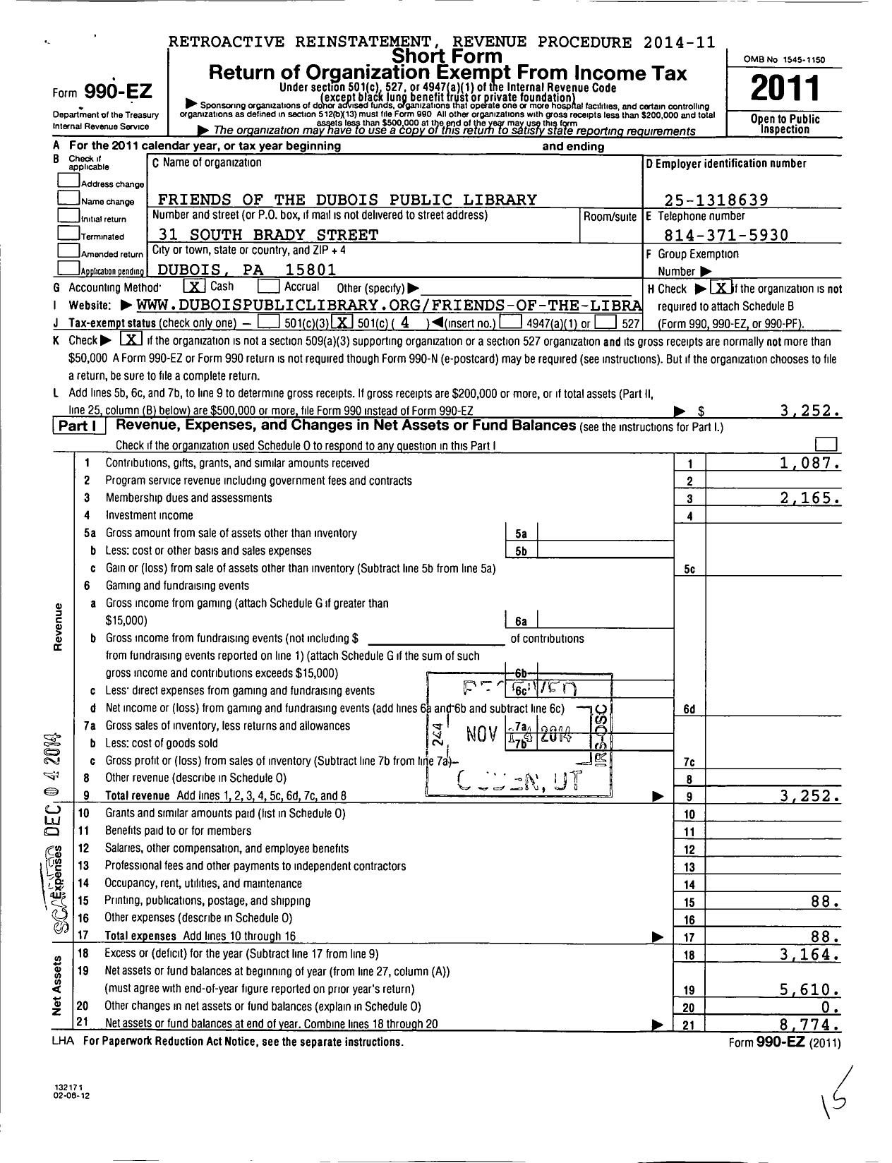 Image of first page of 2011 Form 990EO for Friends of the Du Bois Public Library