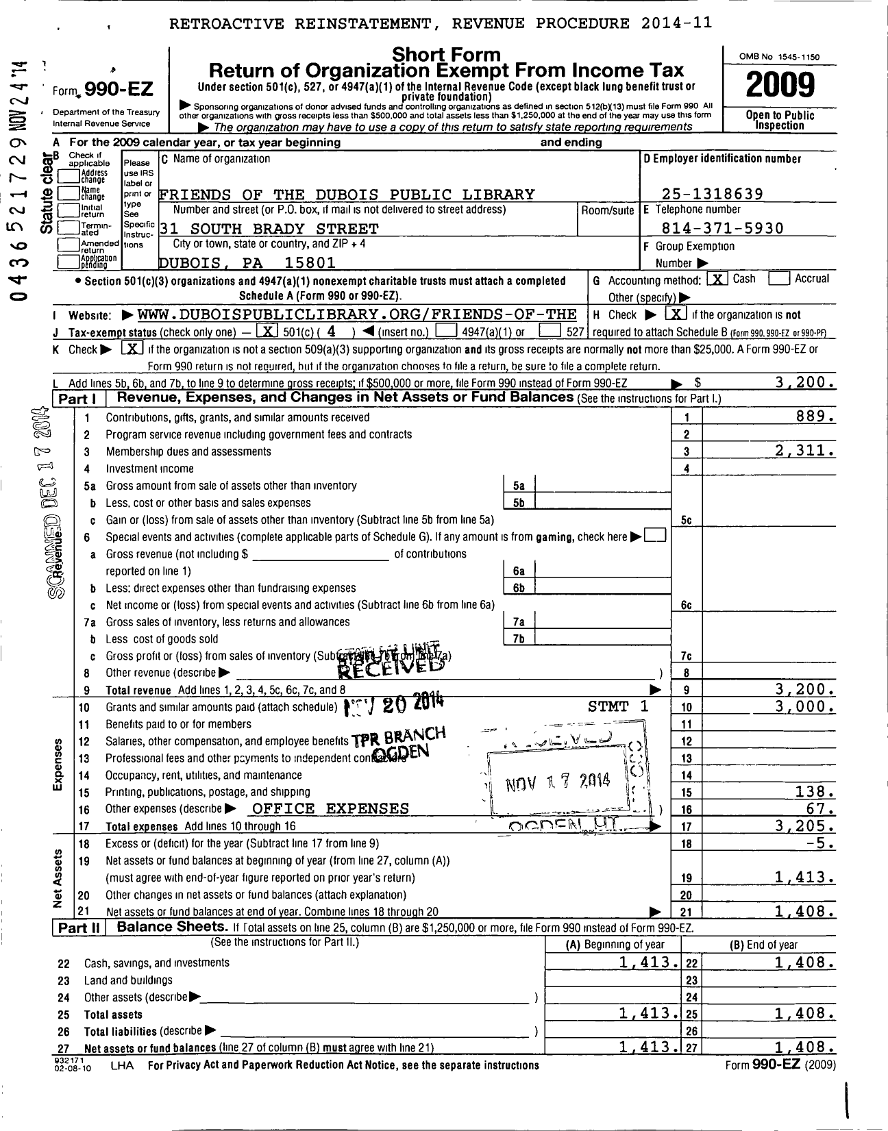 Image of first page of 2009 Form 990EO for Friends of the Du Bois Public Library