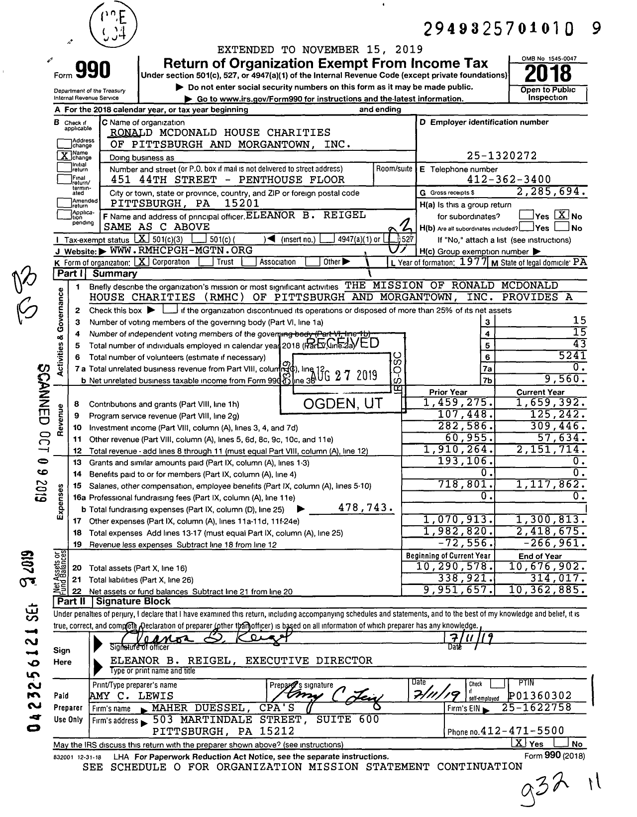 Image of first page of 2018 Form 990 for Ronald Mcdonald House Charities of Pittsburgh and Morgantown