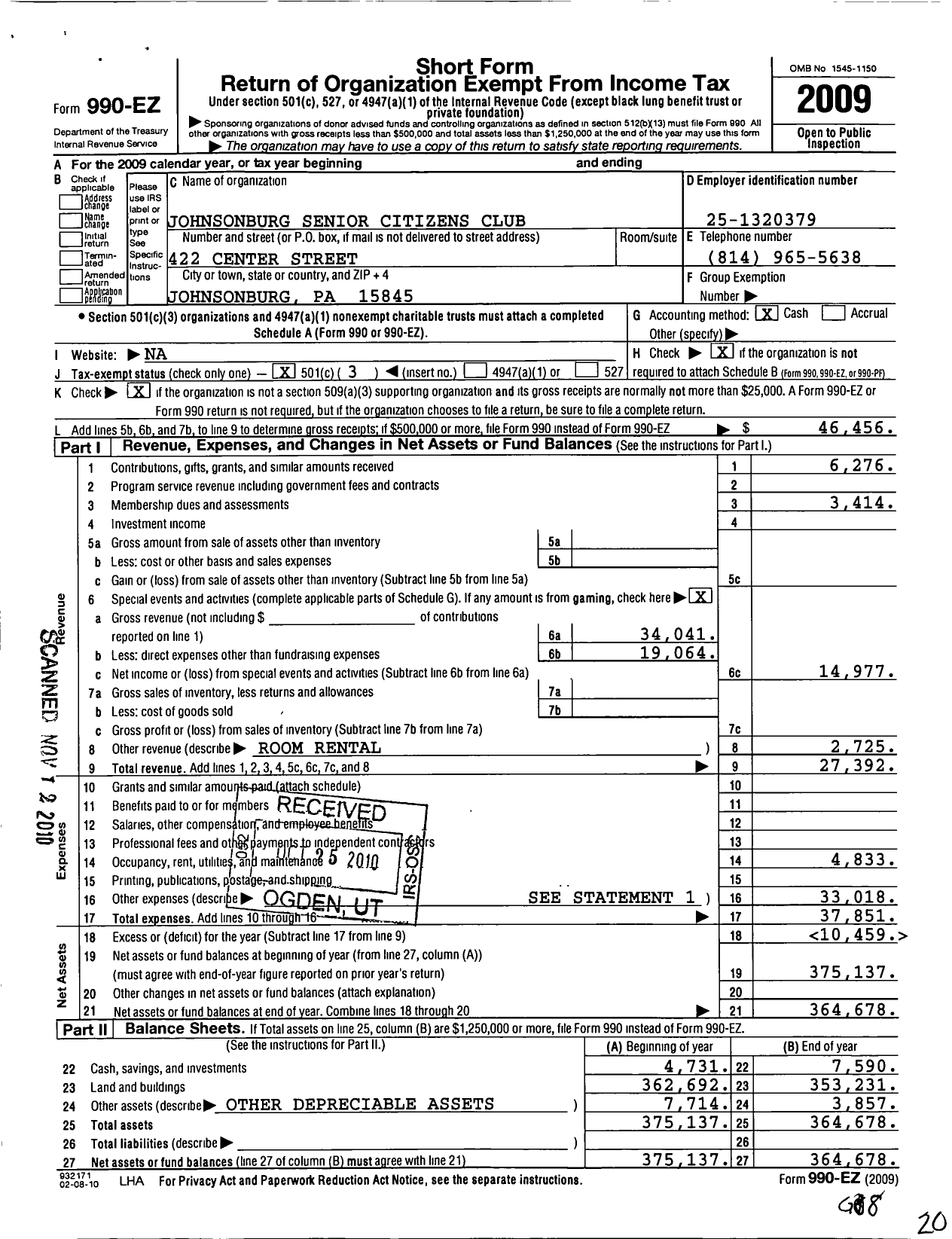 Image of first page of 2009 Form 990EZ for Johnsonburg Senior Citizens Club