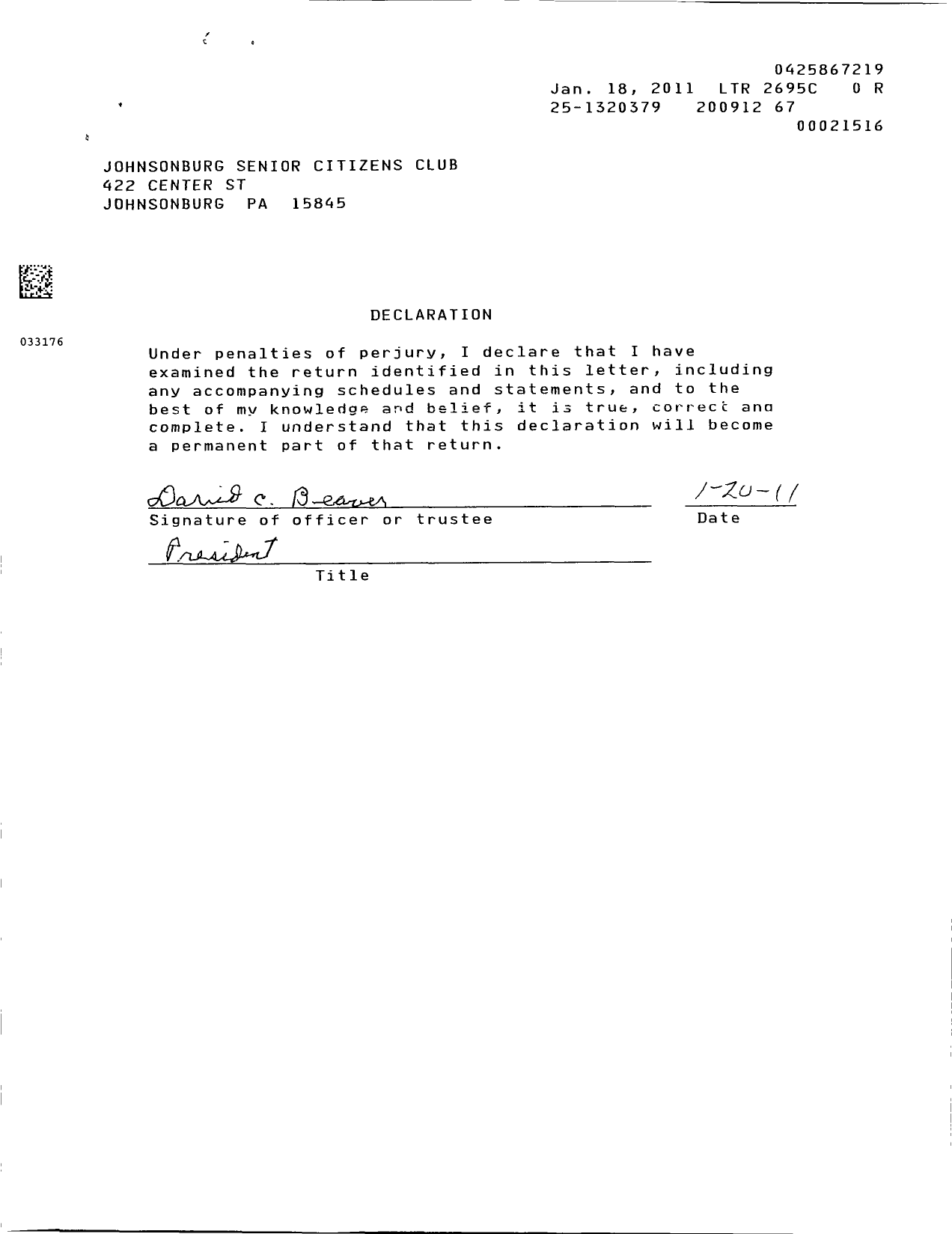 Image of first page of 2009 Form 990ER for Johnsonburg Senior Citizens Club