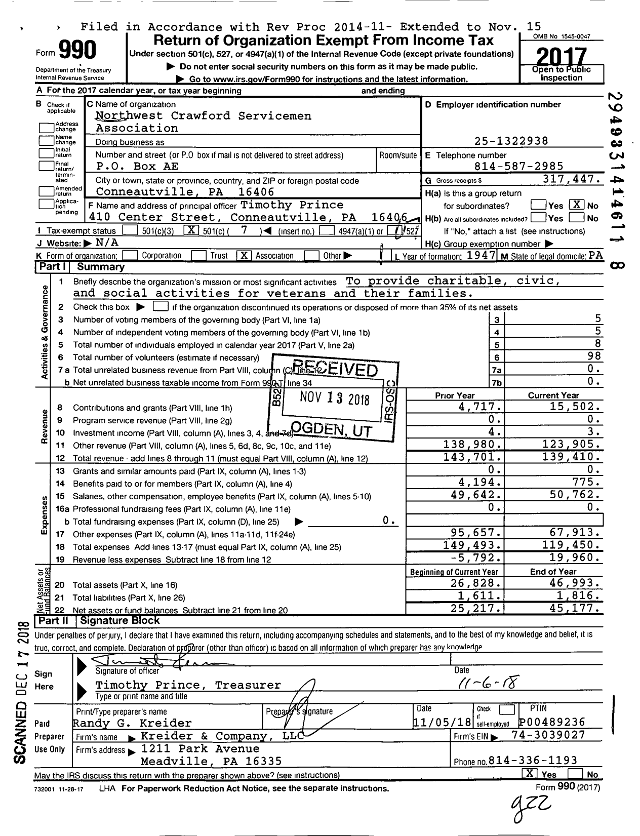 Image of first page of 2017 Form 990O for Northwest Crawford Servicemen Association