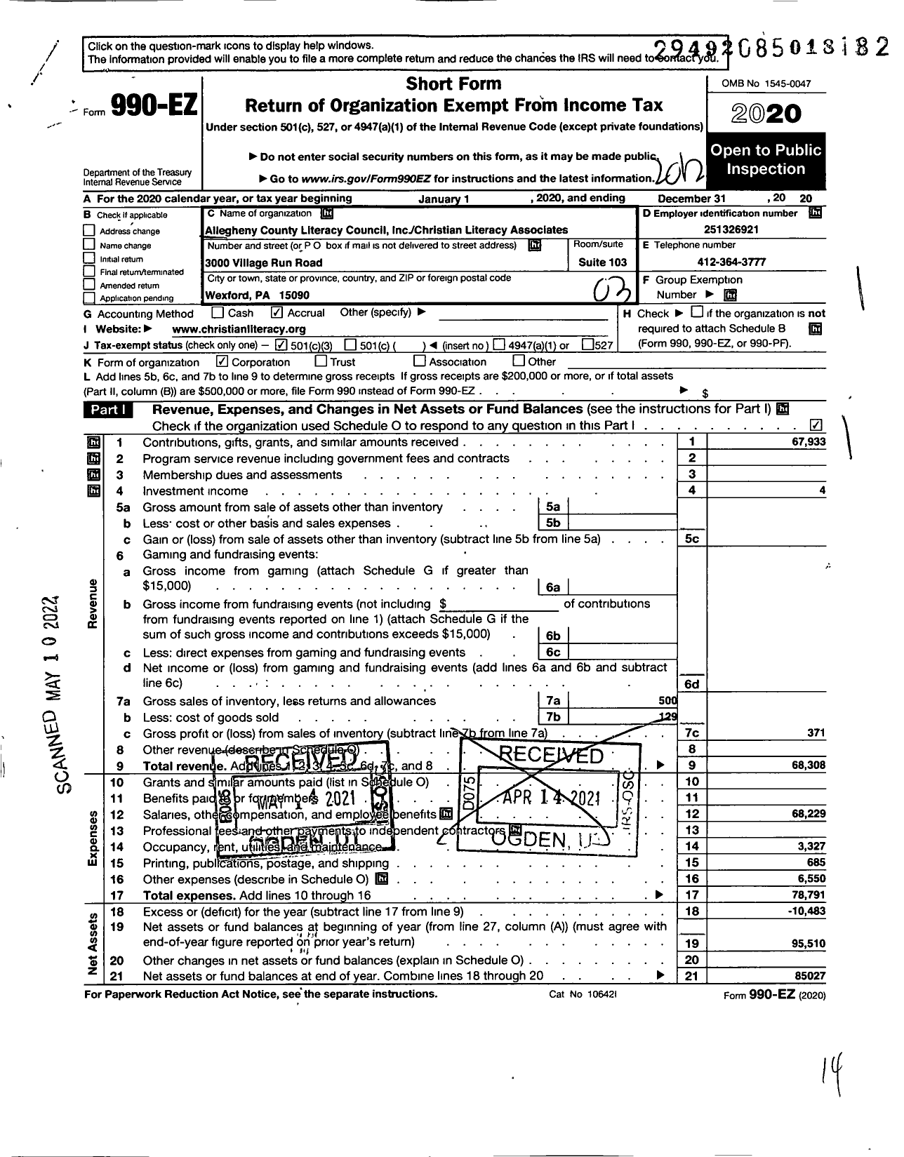 Image of first page of 2020 Form 990EZ for ALLEGHENY COUNTY Literacy COUNCIL IncChristian Literacy Associates