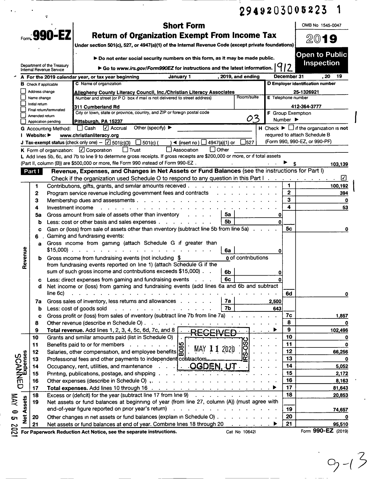 Image of first page of 2019 Form 990EZ for ALLEGHENY COUNTY Literacy COUNCIL IncChristian Literacy Associates