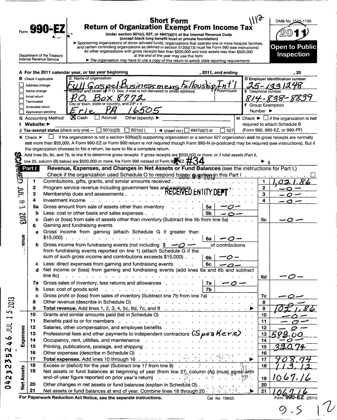 Image of first page of 2011 Form 990EO for Full Gospel Businessmens Fellowship International - 0099 Erie