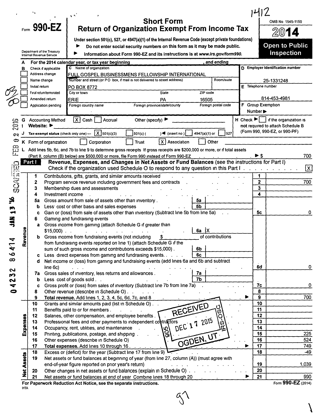 Image of first page of 2014 Form 990EZ for Full Gospel Businessmens Fellowship International - 0099 Erie