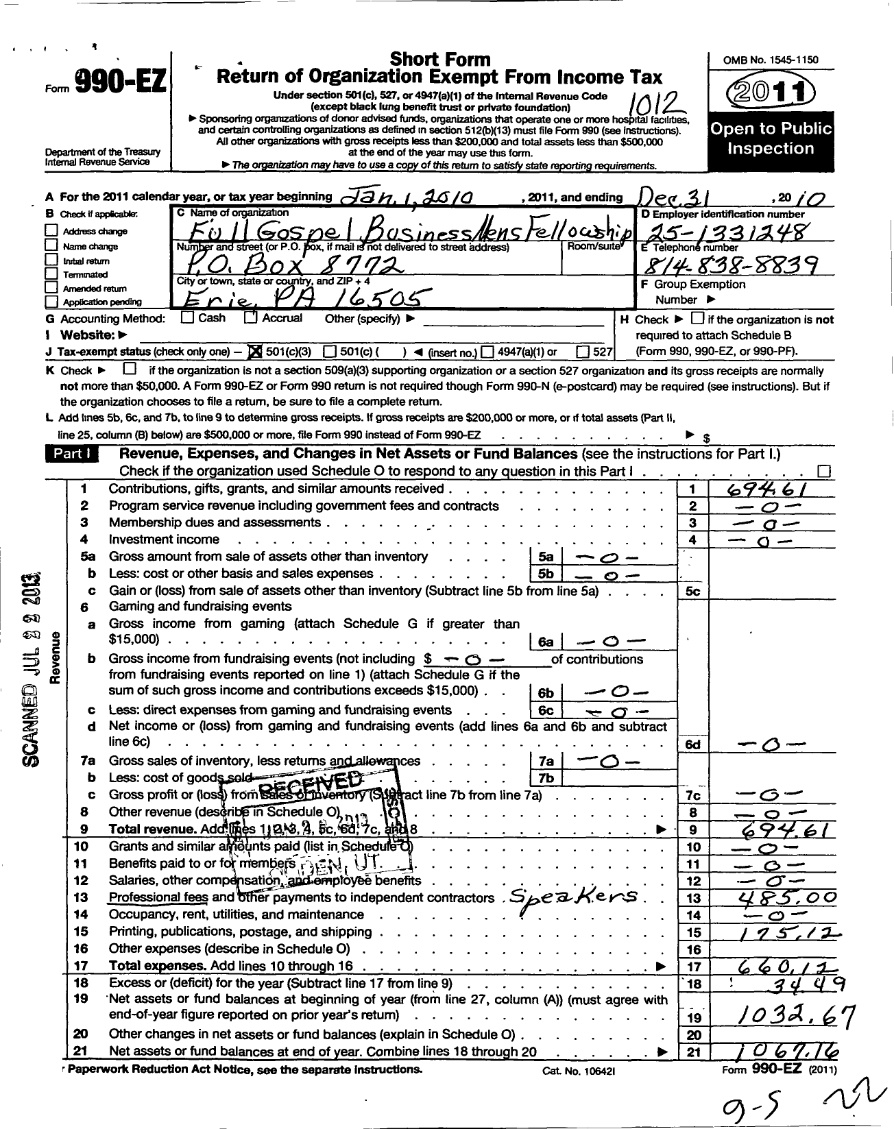 Image of first page of 2010 Form 990EZ for Full Gospel Businessmens Fellowship International - 0099 Erie