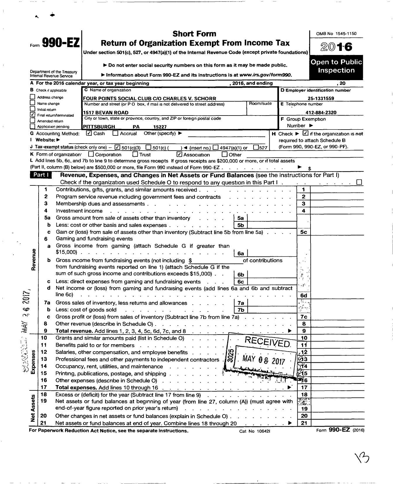 Image of first page of 2016 Form 990EZ for Four Points Social Club Charles V Schorr