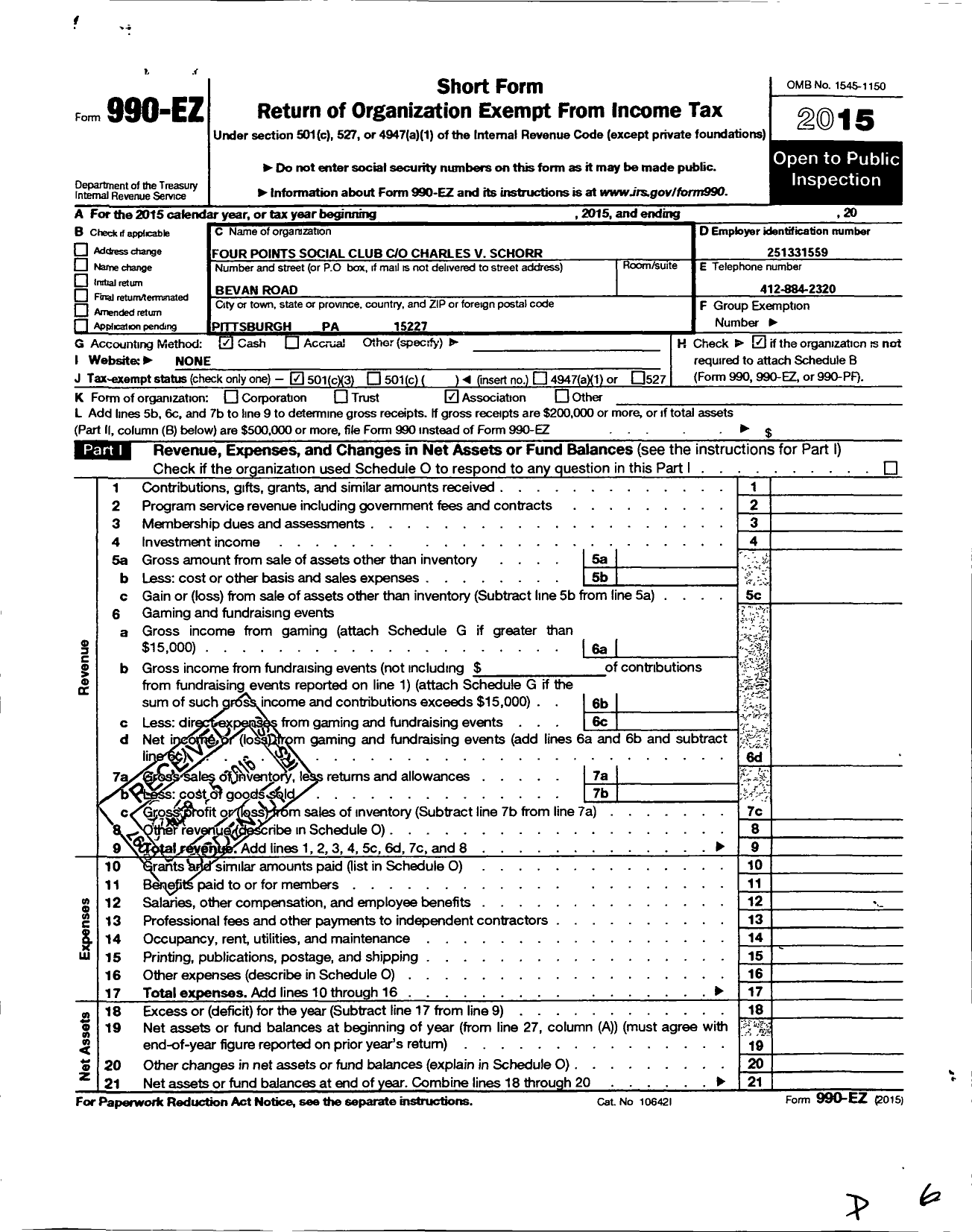 Image of first page of 2015 Form 990EZ for Four Points Social Club Charles V Schorr