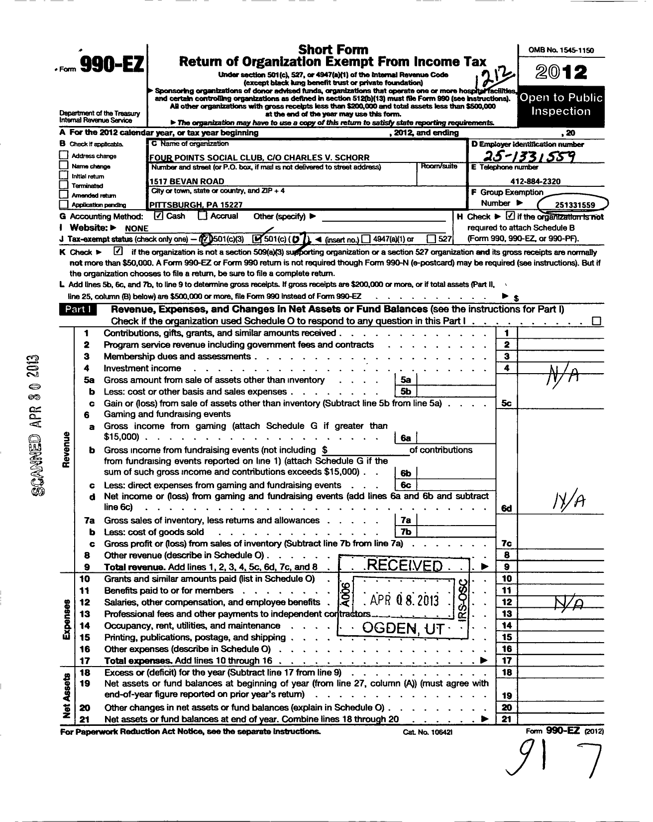 Image of first page of 2012 Form 990EO for Four Points Social Club Charles V Schorr