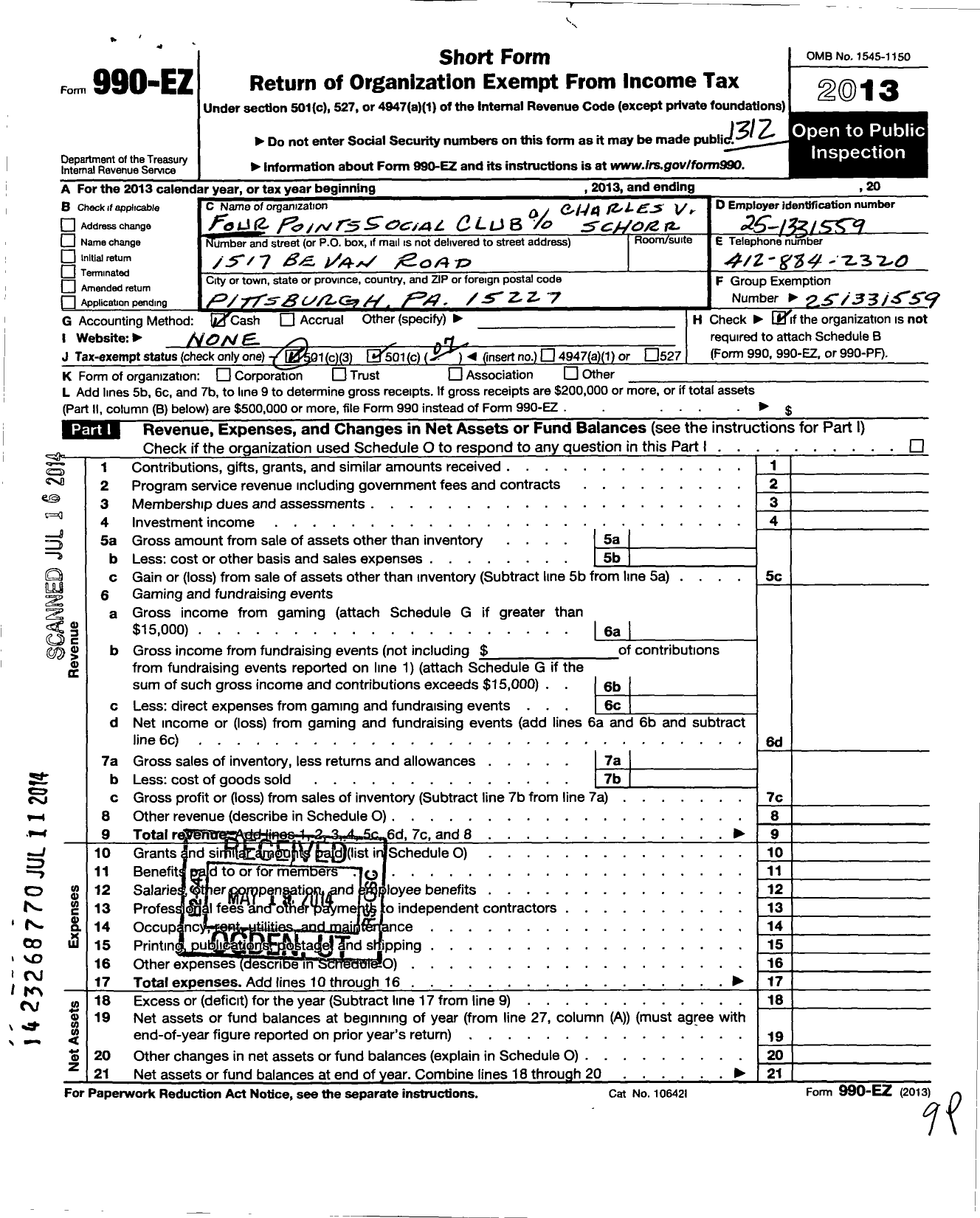 Image of first page of 2013 Form 990EO for Four Points Social Club Charles V Schorr