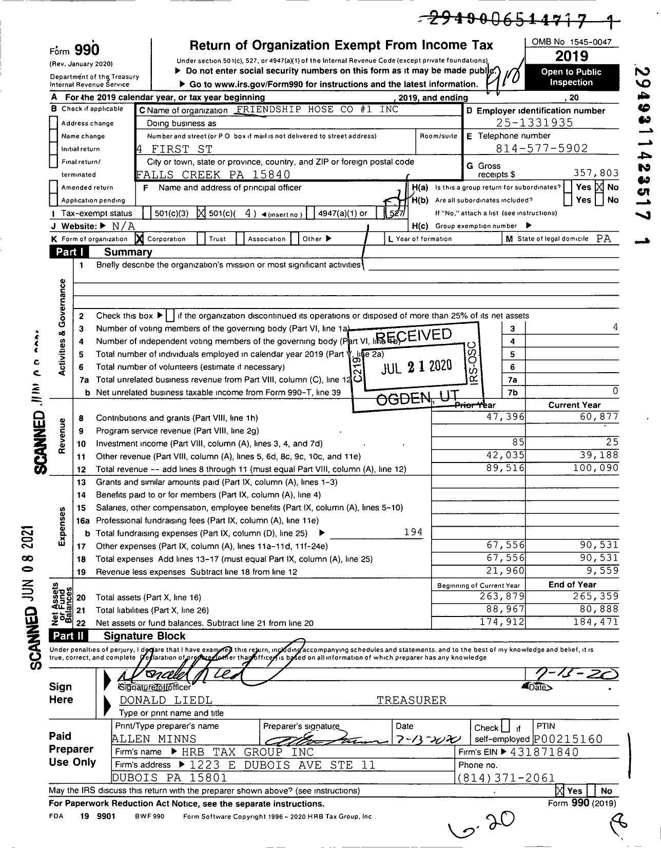 Image of first page of 2019 Form 990O for Friendship Hose 1