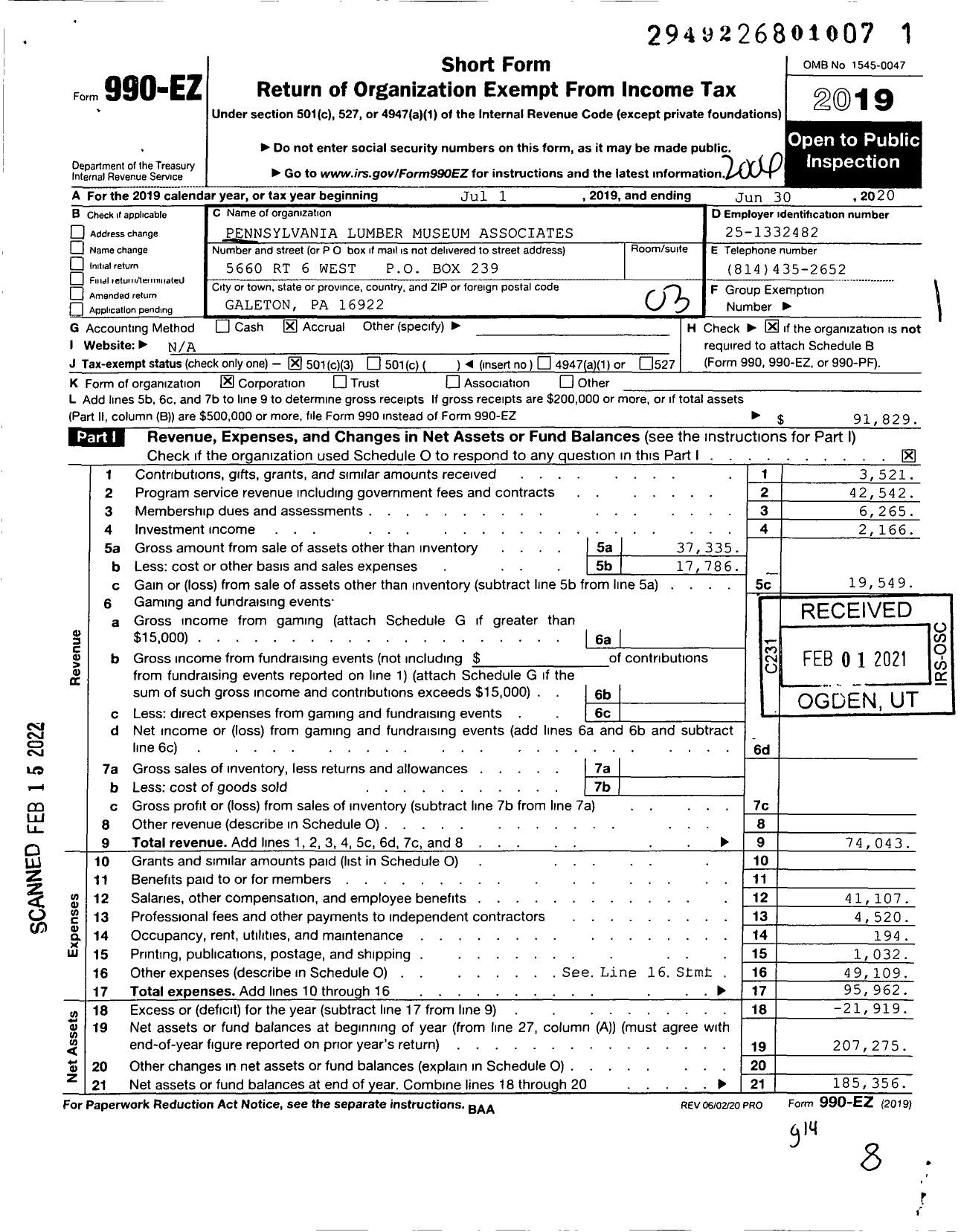 Image of first page of 2019 Form 990EZ for Pennsylvania Lumber Museum Associates