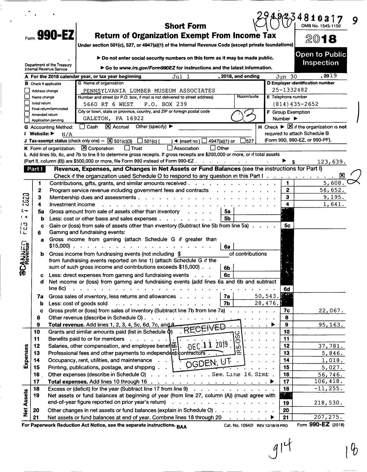 Image of first page of 2018 Form 990EZ for Pennsylvania Lumber Museum Associates