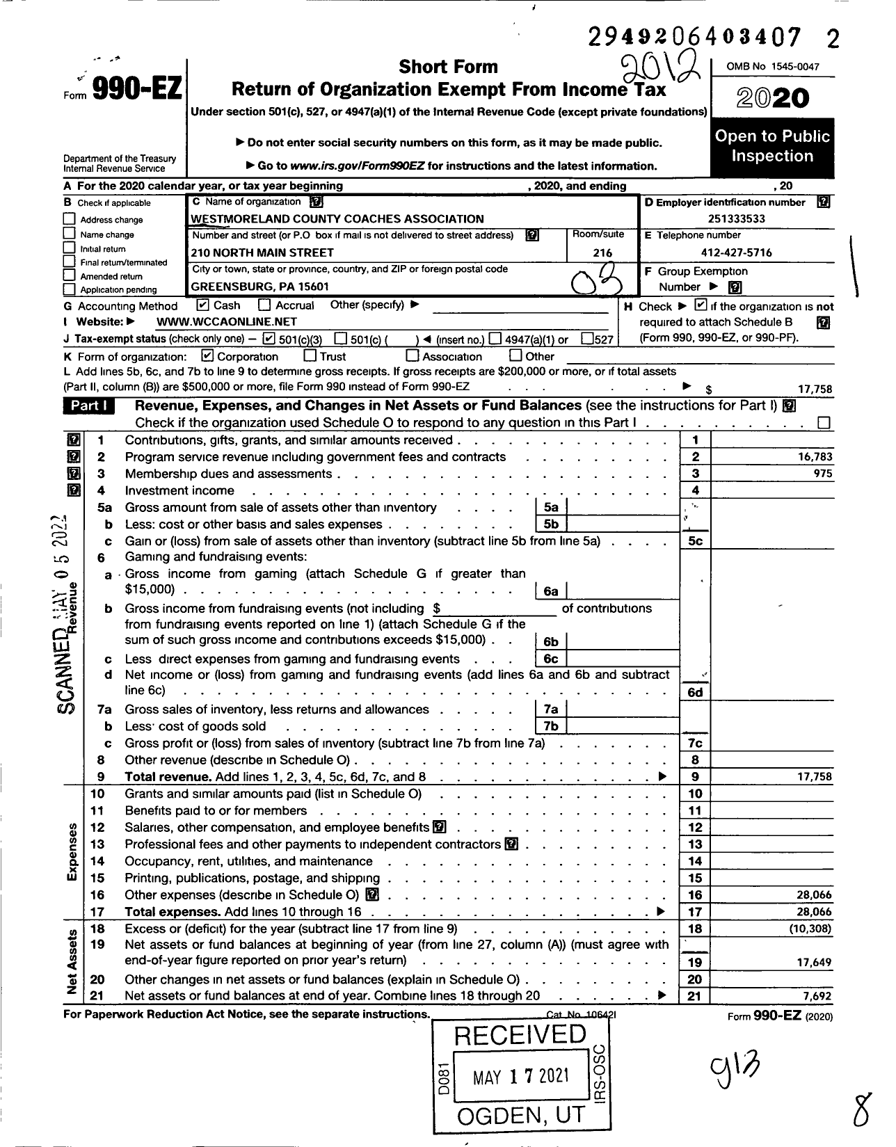 Image of first page of 2020 Form 990EZ for Westmoreland County Coaches Association Incorporated