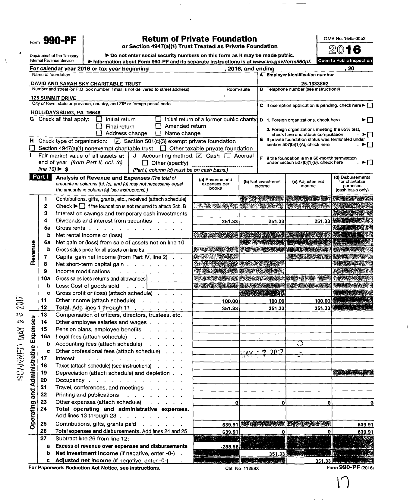 Image of first page of 2016 Form 990PF for David and Sarah Sky Charitable Trust