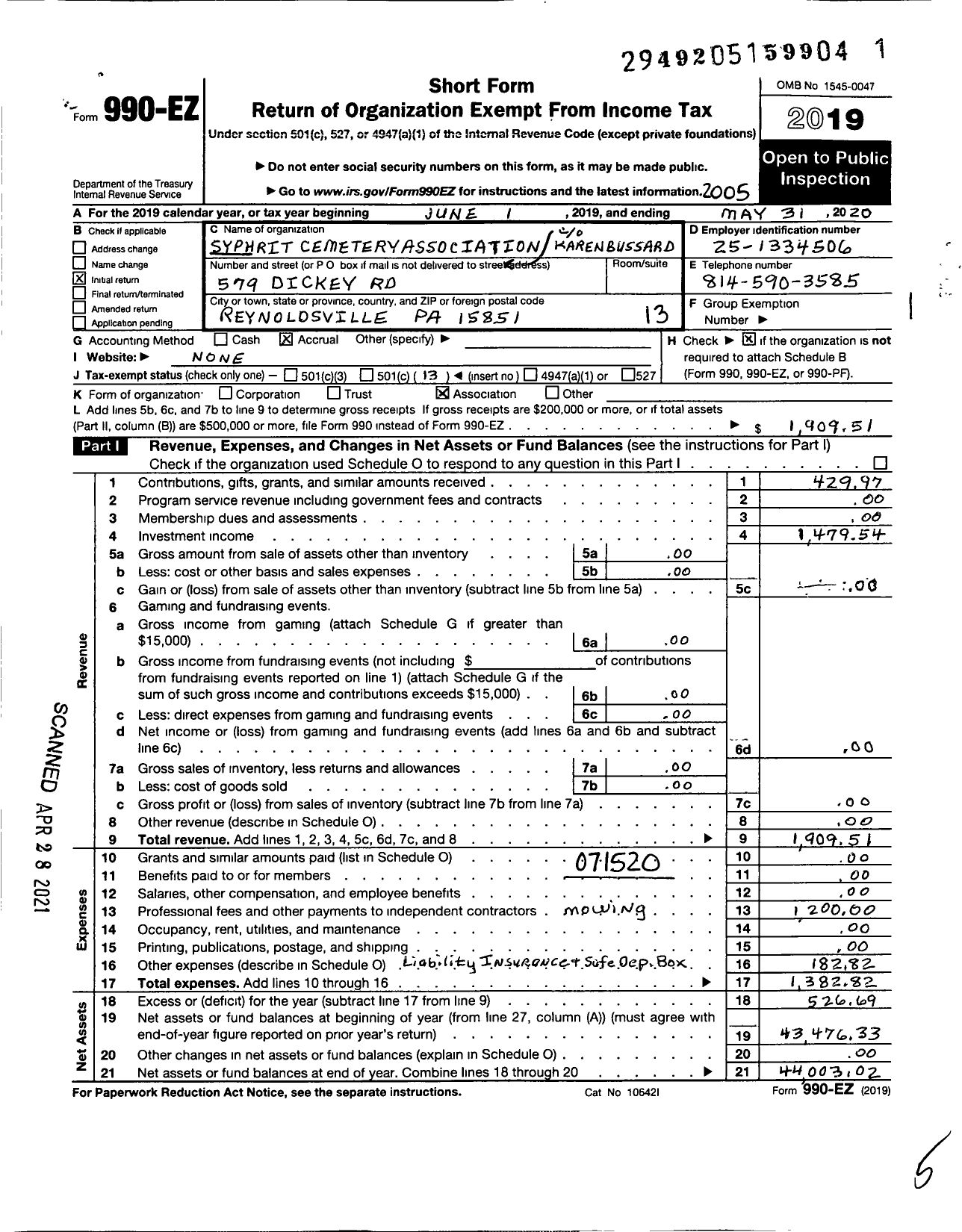 Image of first page of 2019 Form 990EO for Syphrit Cemetery Association