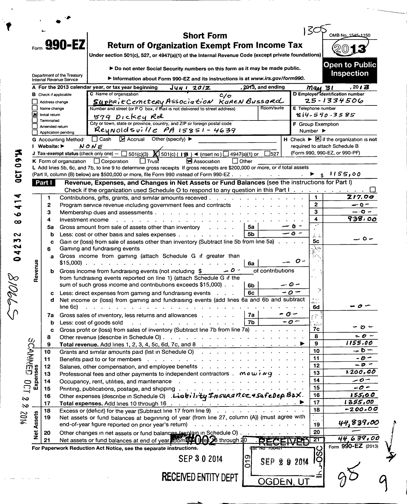 Image of first page of 2012 Form 990EO for Syphrit Cemetery Association