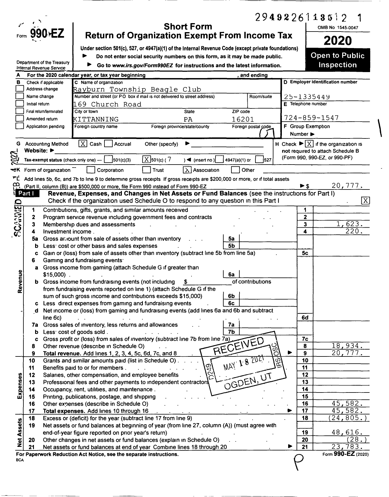 Image of first page of 2020 Form 990EO for Rayburn Township Beagle Club