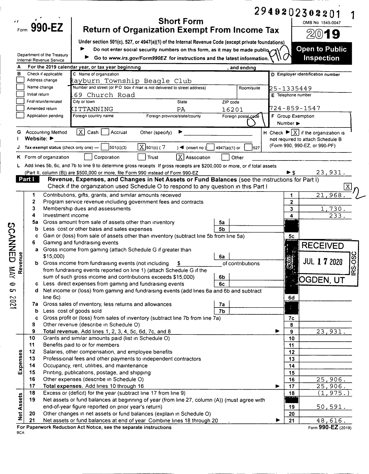 Image of first page of 2019 Form 990EO for Rayburn Township Beagle Club