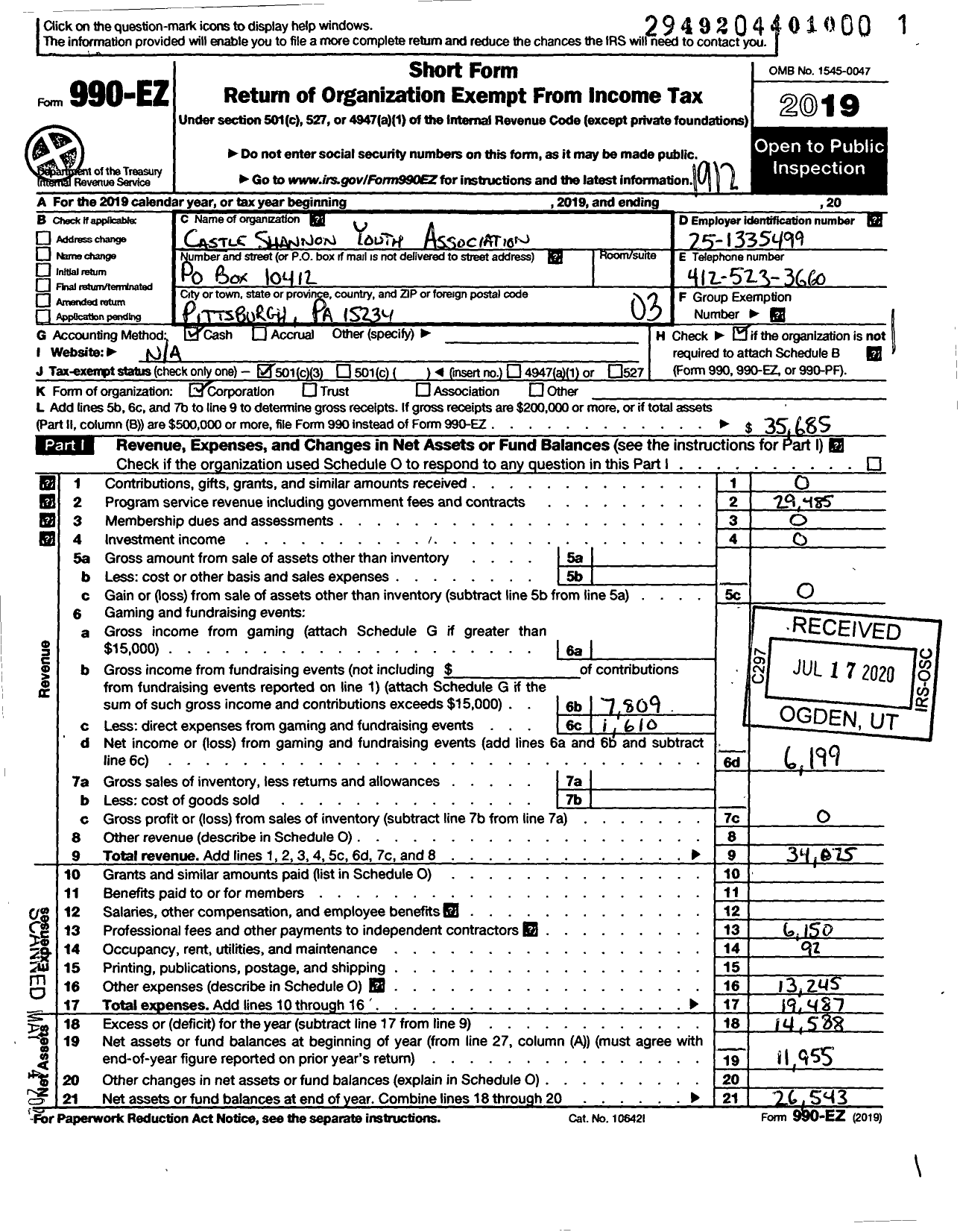 Image of first page of 2019 Form 990EZ for Castle Shannon Youth Association