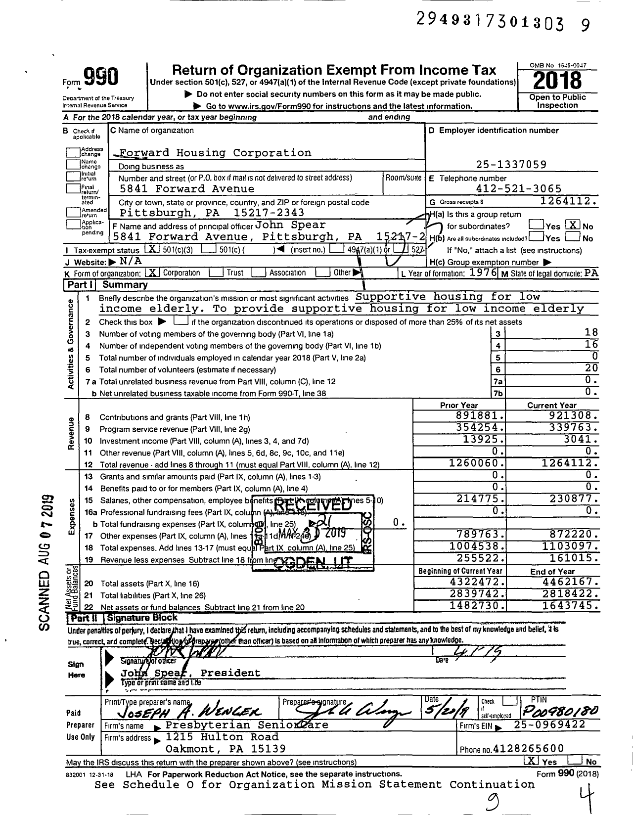 Image of first page of 2018 Form 990 for Forward Housing Corporation