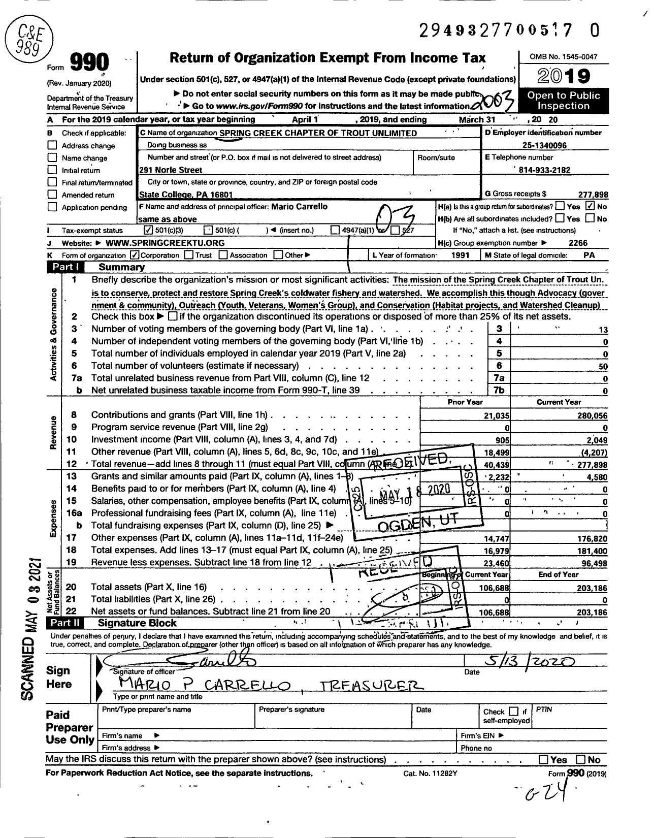 Image of first page of 2019 Form 990 for TROUT UNLIMITED - 185 Spring Creek