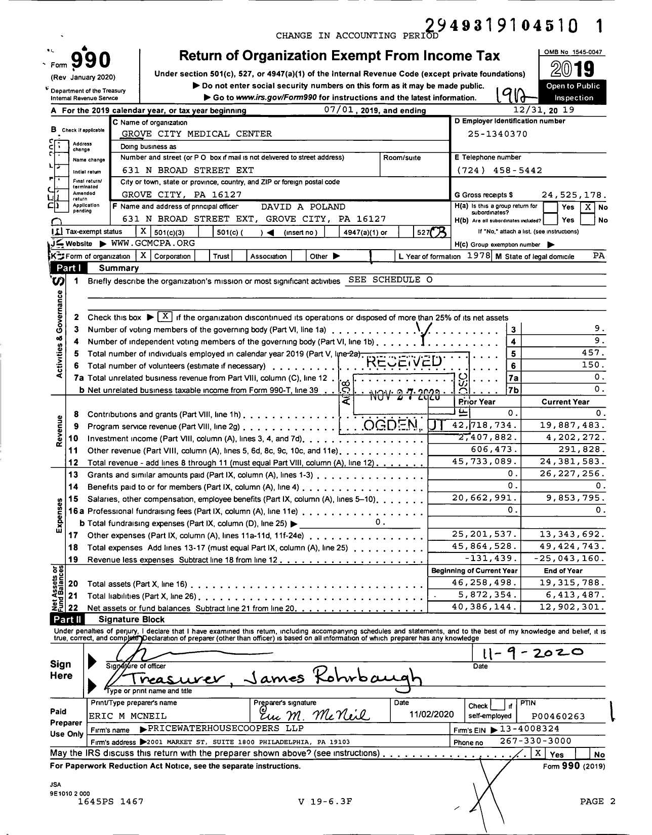 Image of first page of 2019 Form 990 for Grove City Medical Center