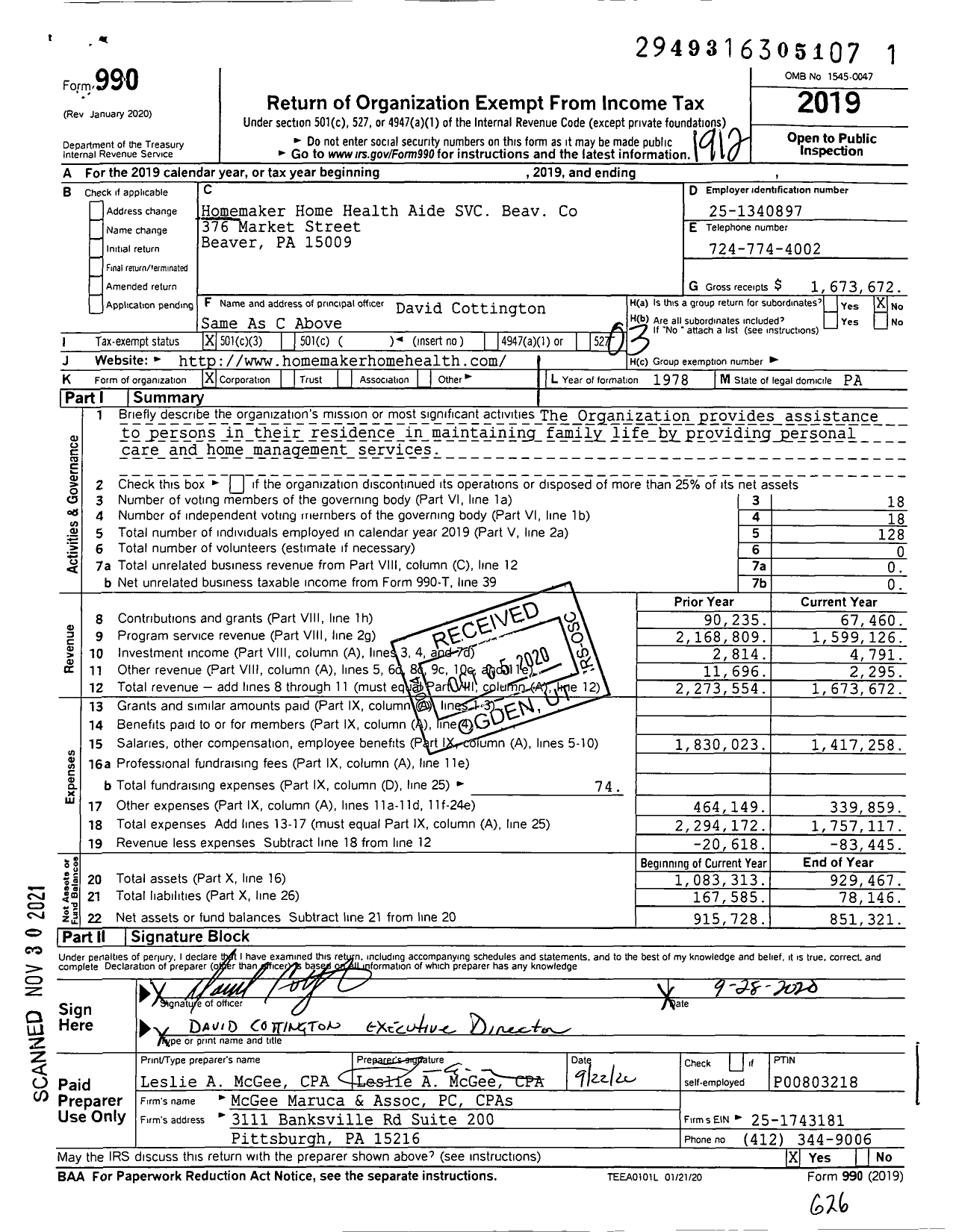 Image of first page of 2019 Form 990 for Homemaker Home Health Aide SVC Beav Co